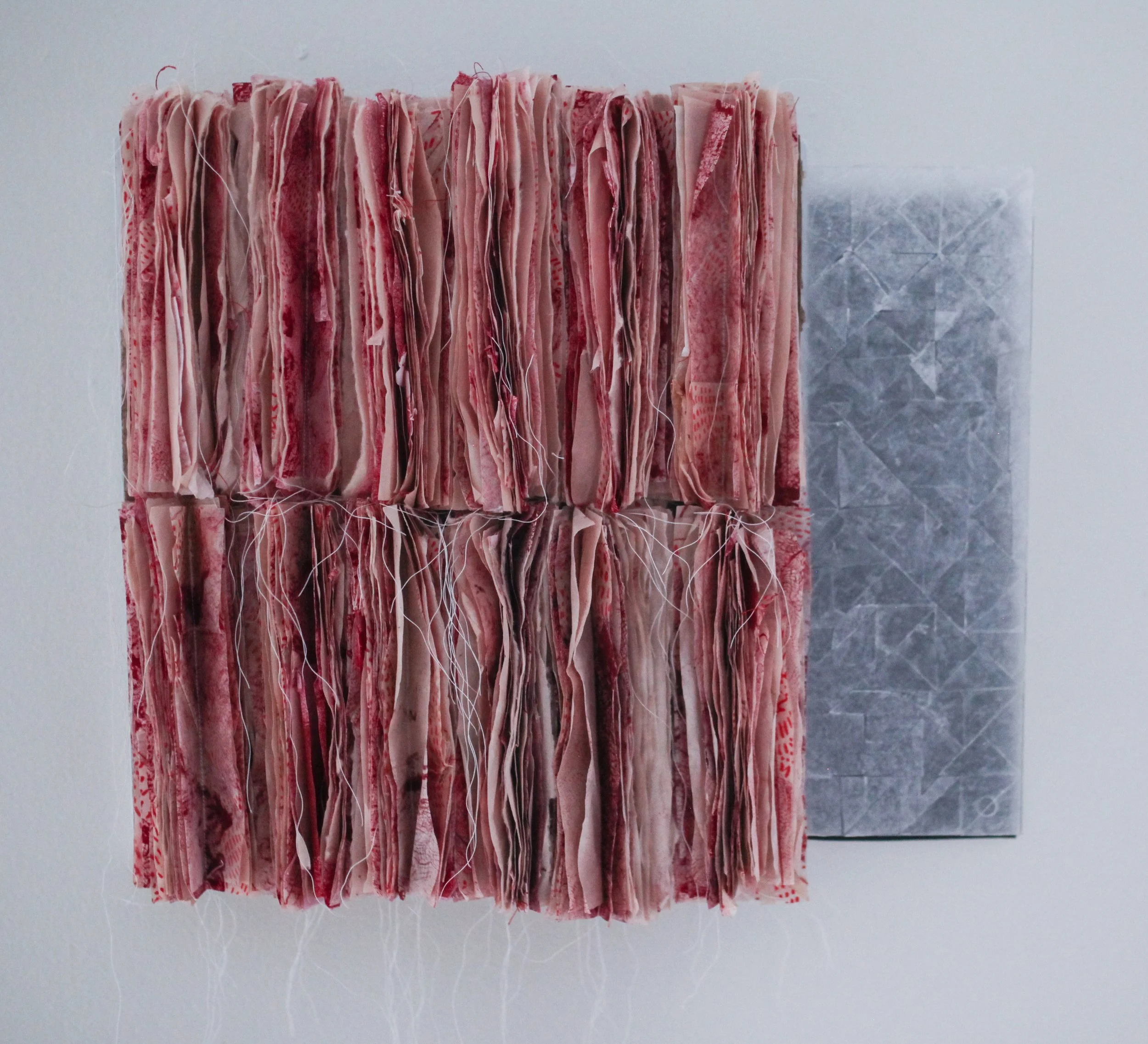 Over Under Through / 14.74" x 13.5" / Monotypes, plexiglass, wax paper, thread, and wood