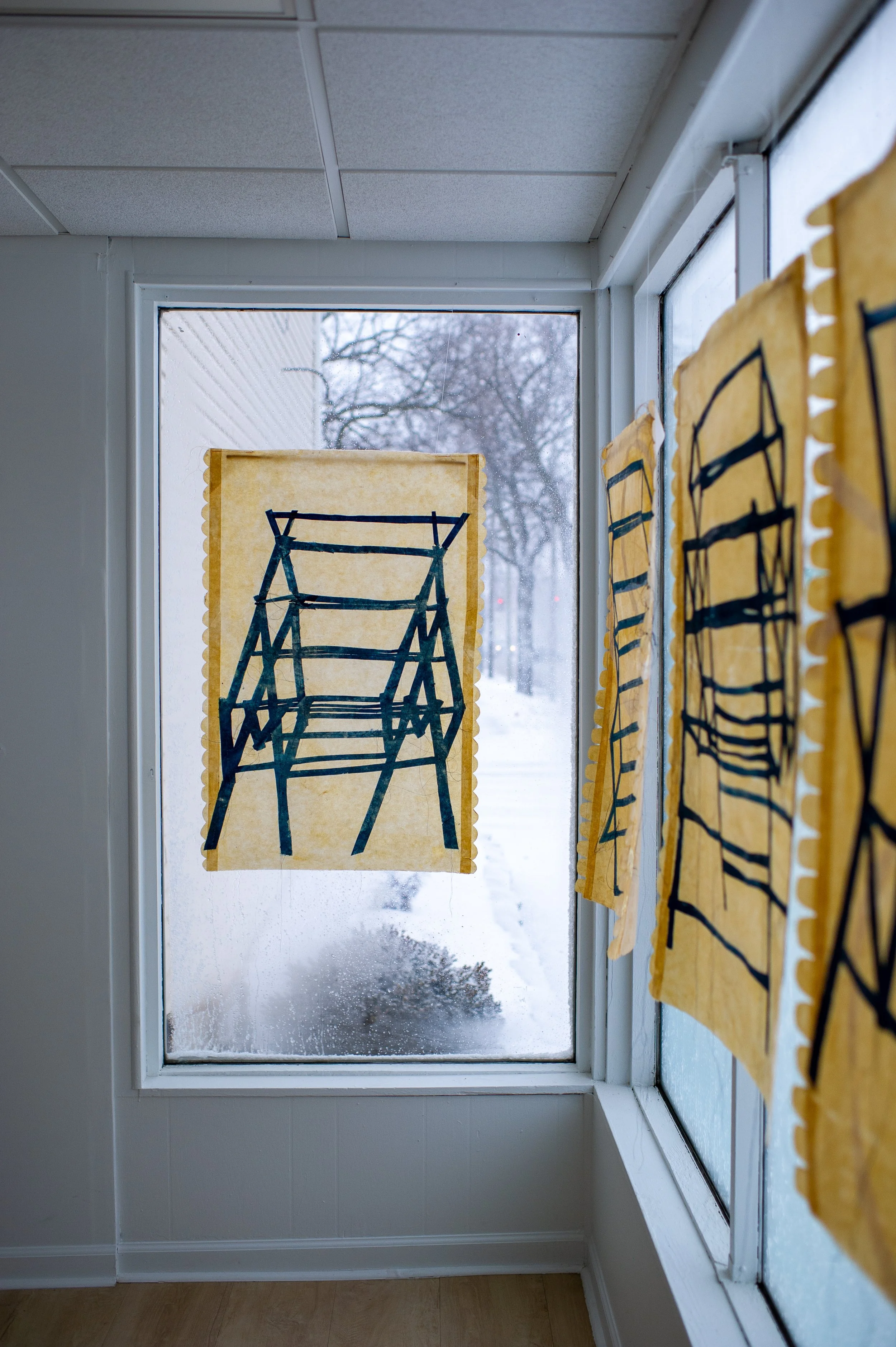 SUPPORT STRUCTURE BANNERS / 25 x 37" each / Cyanotype, cut paper, thread / Photo from Kinhouse Gallery
