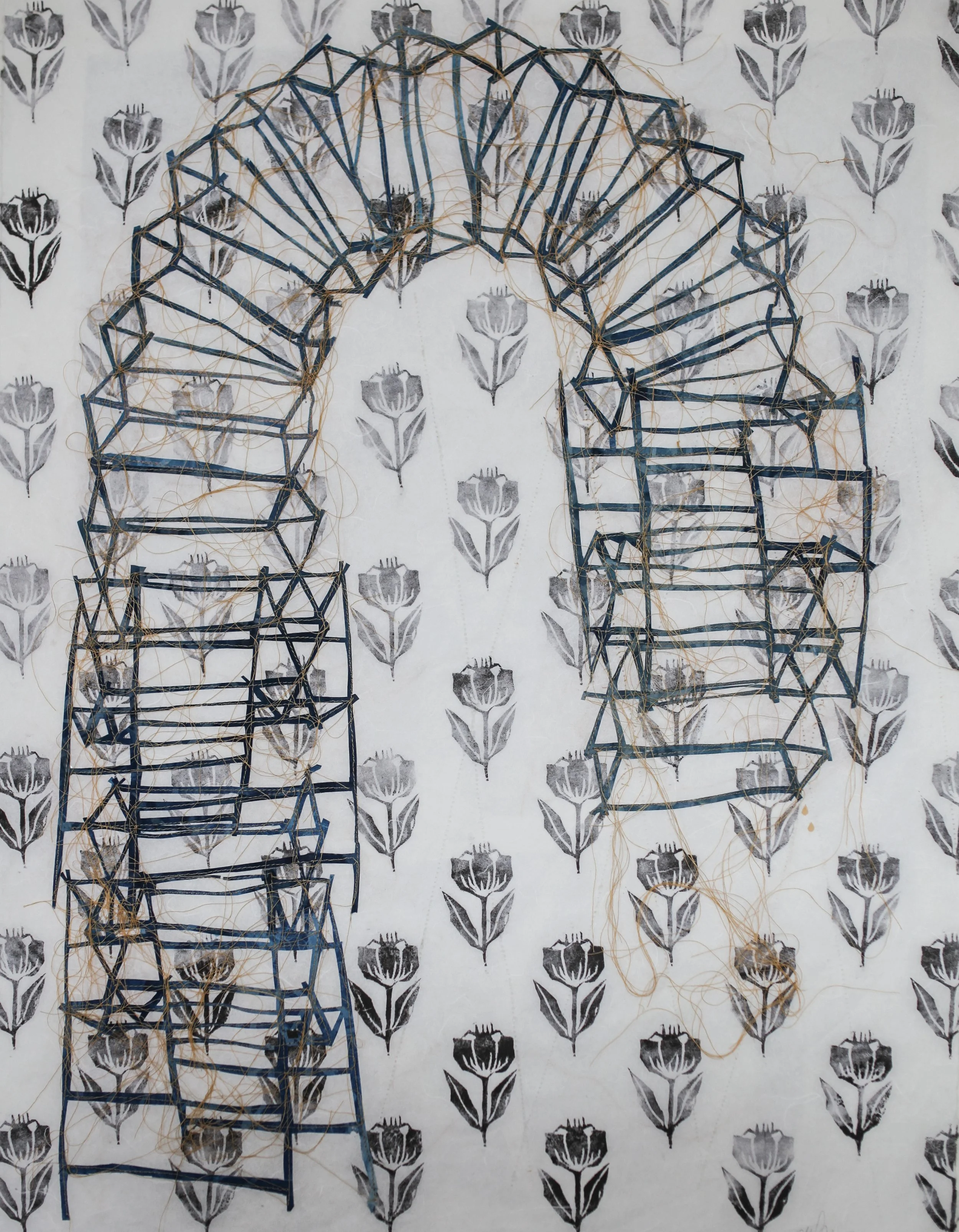 22 X 28" / Linocut, cut cyanotypes, and thread