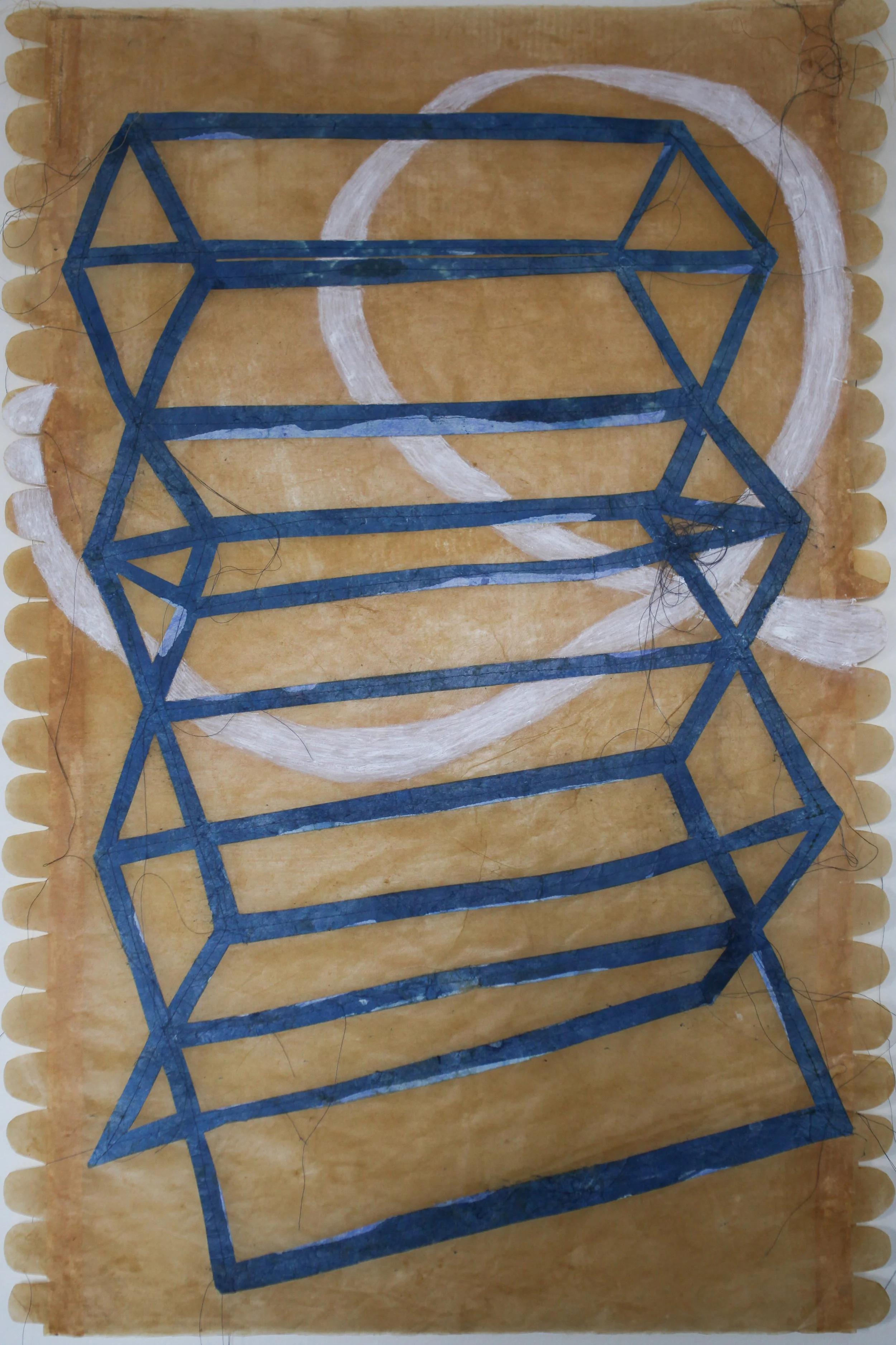 SUPPORT STRUCTURE BANNER / 25 x 37" / Cyanotype, cut paper, and thread 