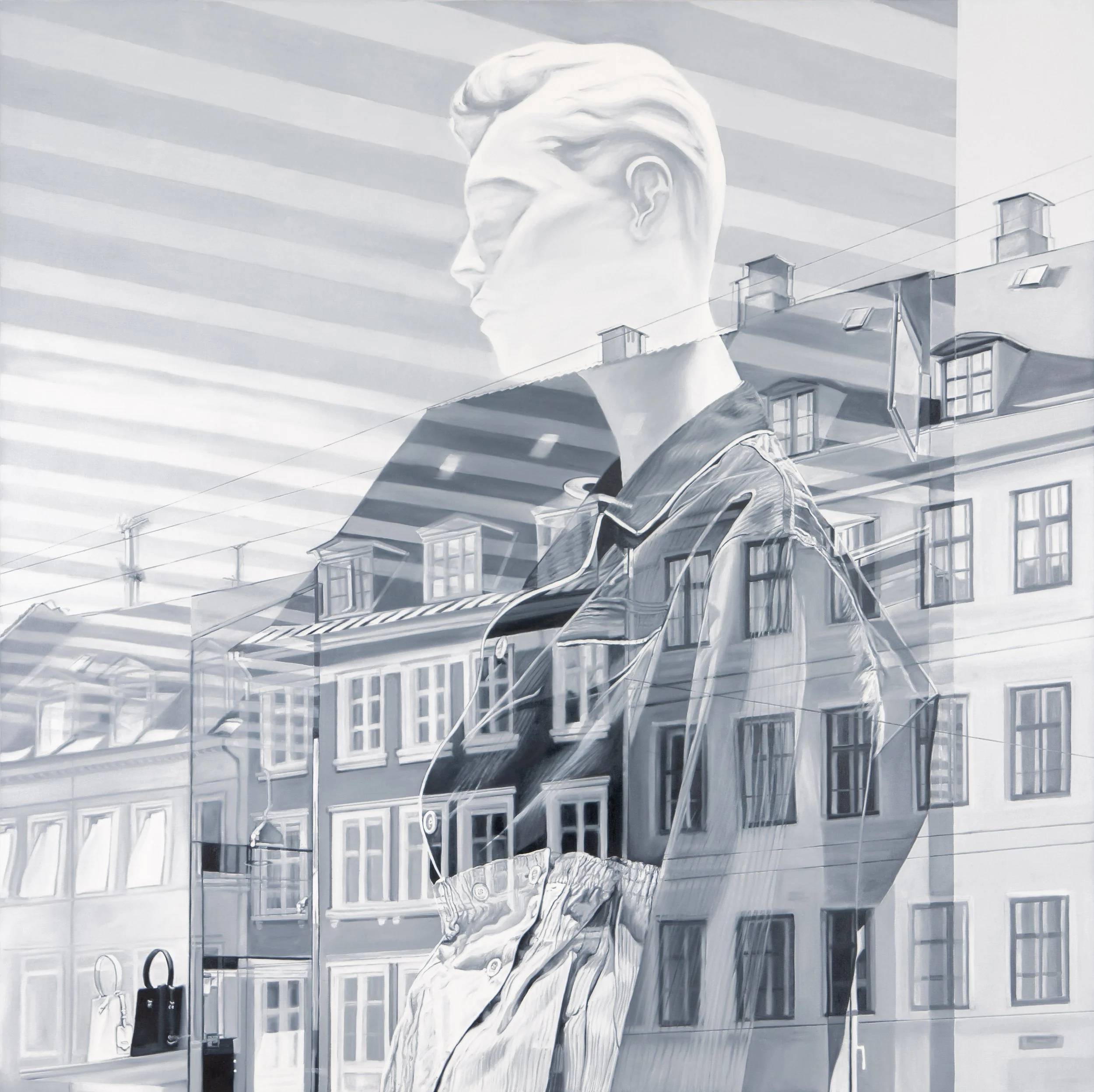 Polis by Marta Penter, an oil painting of a male mannequin in a suit, overlaid with reflections of urban buildings and architectural details.