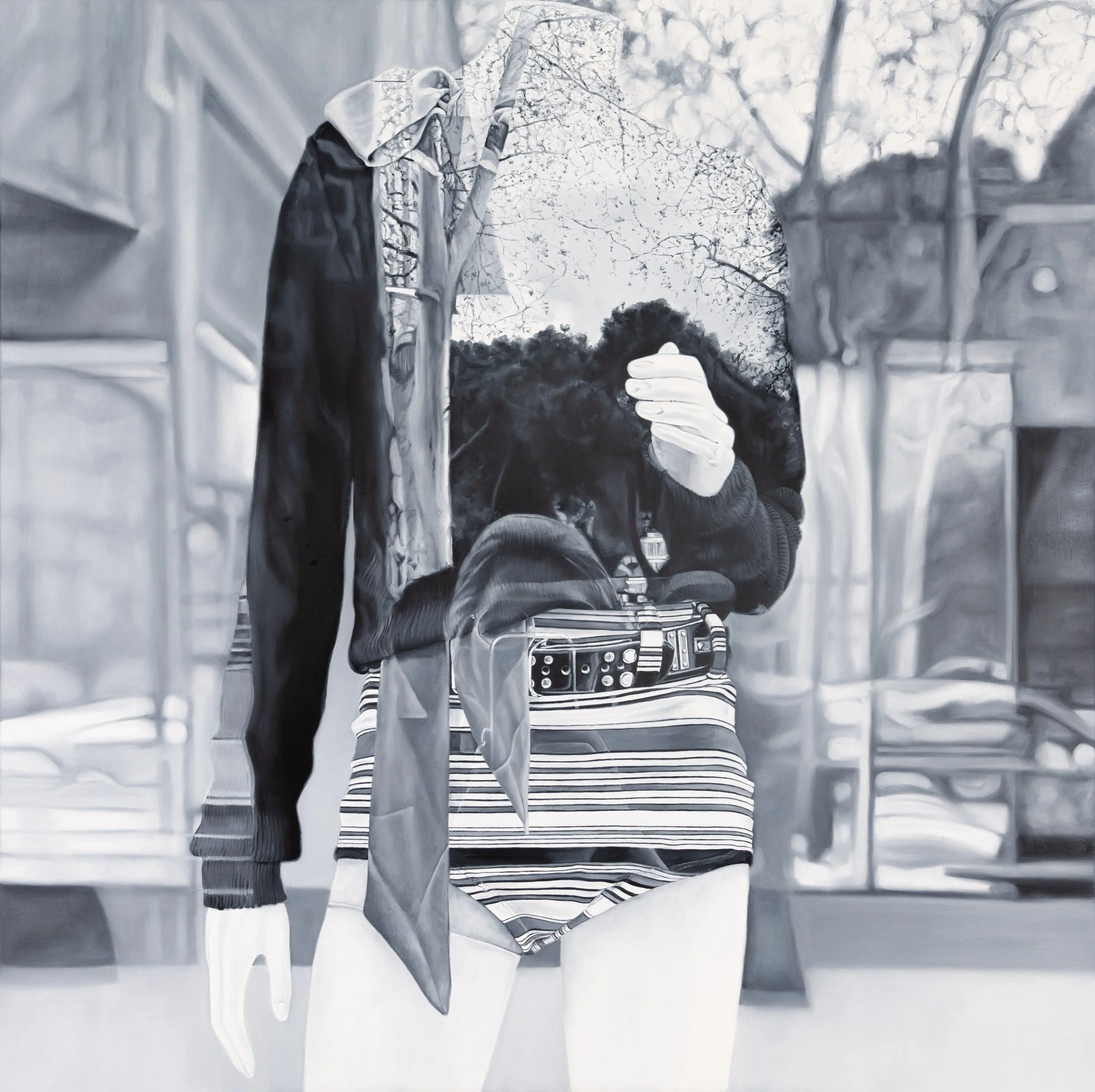 Landscape by Marta Penter, an oil painting depicting a mannequin in a storefront window, layered with reflections of trees and surrounding architecture.