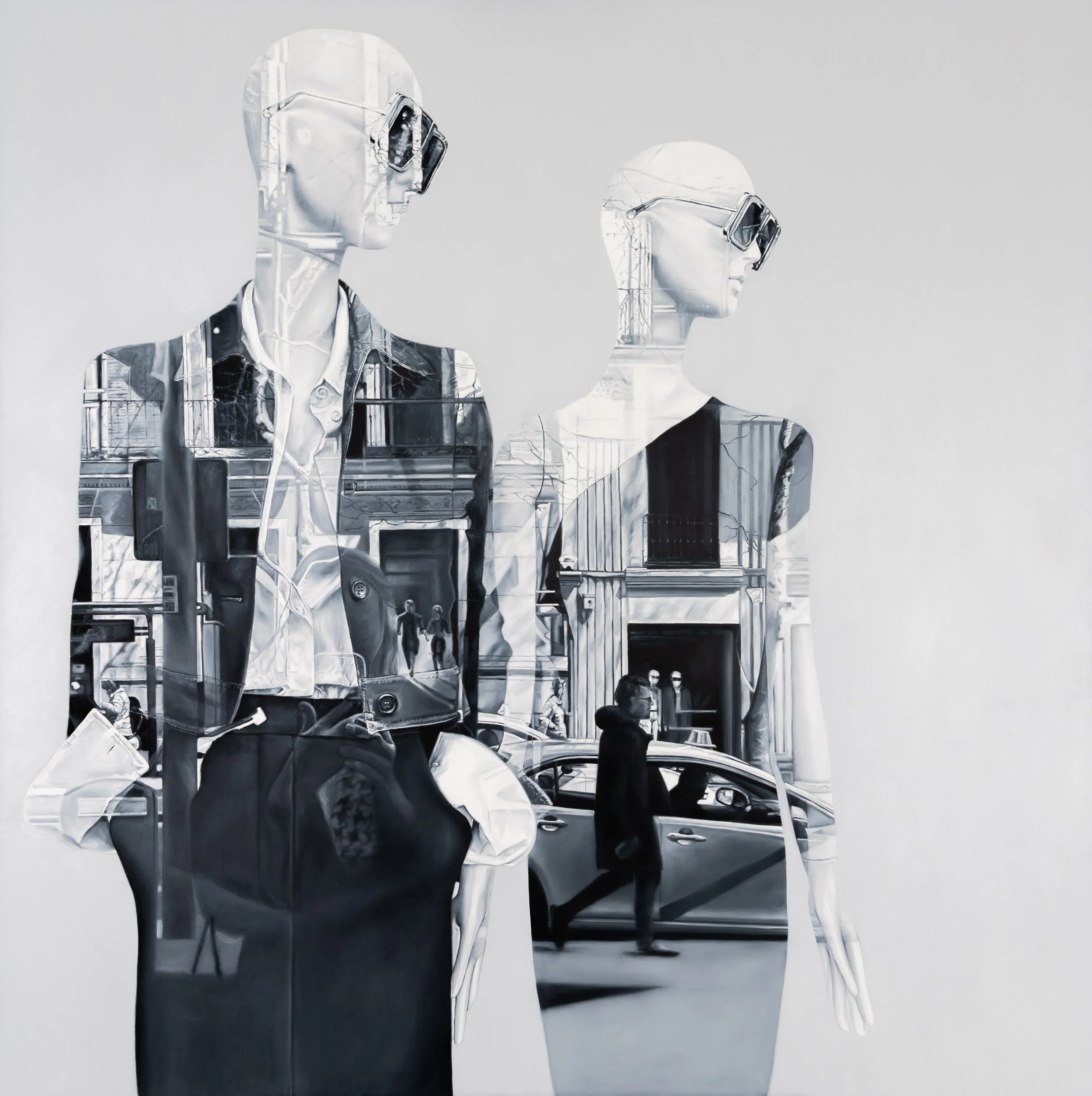 Urban Rhythm by Marta Penter, an oil painting showing two mannequins standing side by side in a shop window, with city reflections across their bodies.