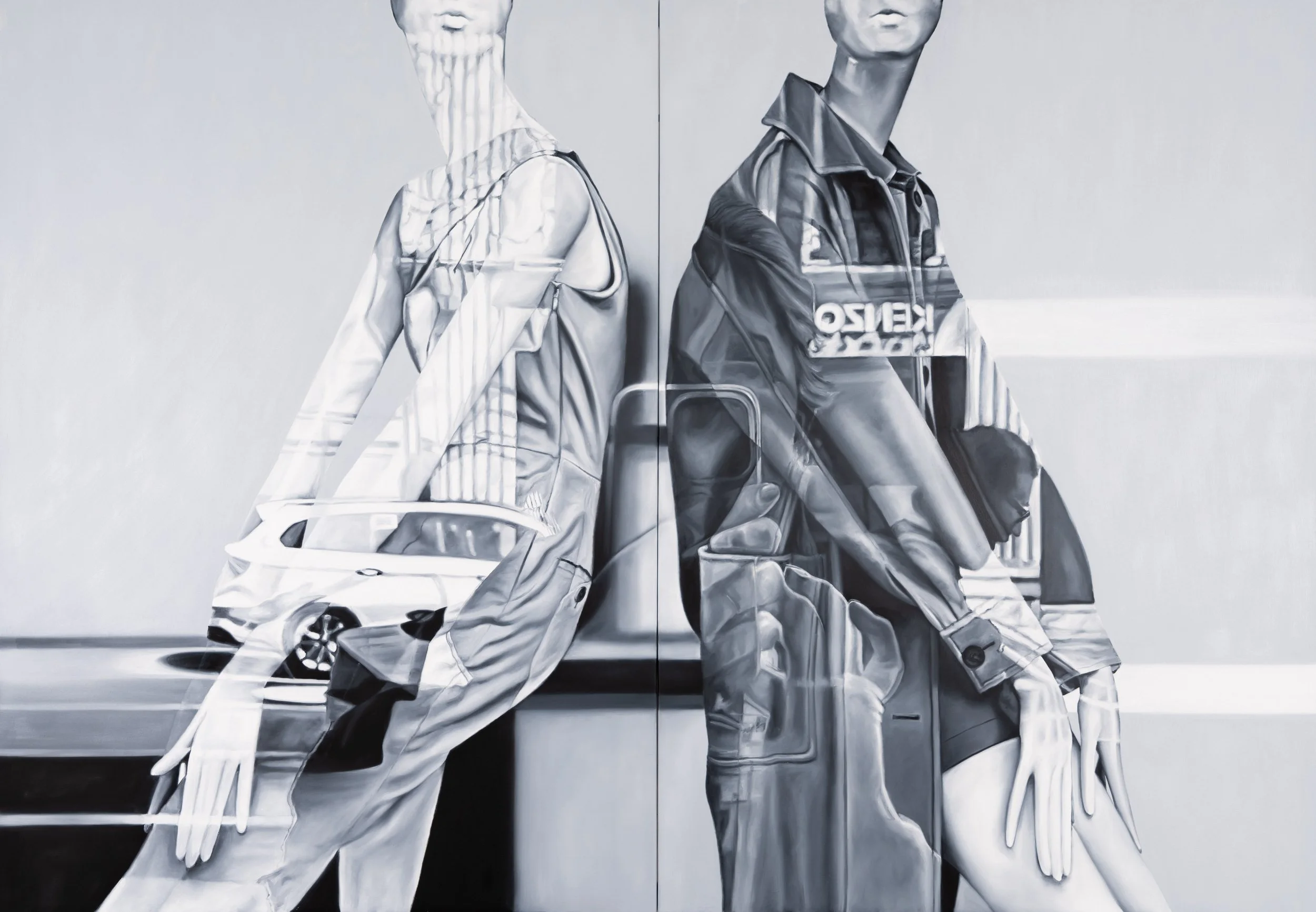 Duality by Marta Penter, an oil painting depicting two mannequins in contrasting outfits, with reflections and architectural lines crossing the composition.