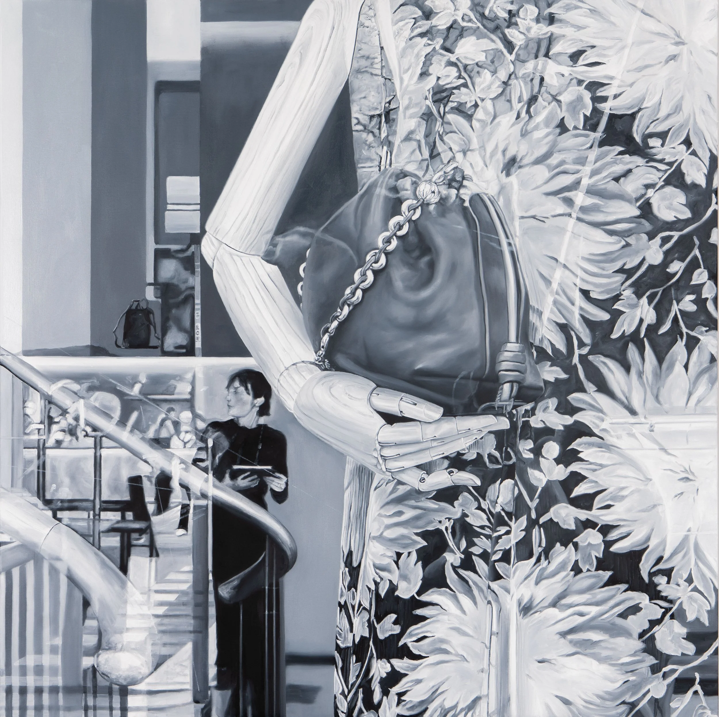 Gesture I by Marta Penter, an oil painting focusing on a mannequin's arm and hand among patterned clothing and overlapping storefront reflections.