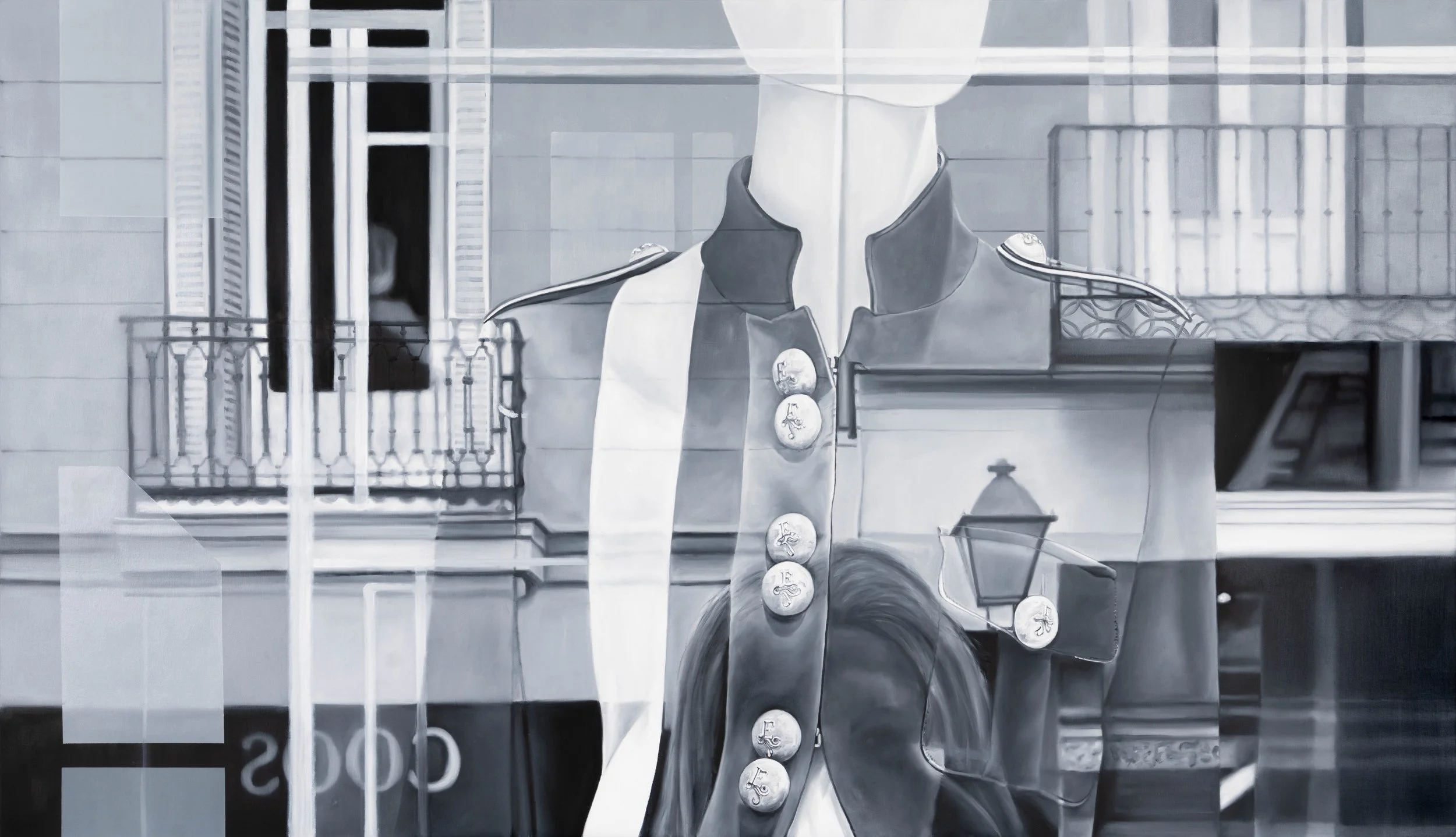 Presence by Marta Penter, an oil painting of a female mannequin wearing a dark buttoned garment, layered with reflections of a city street.