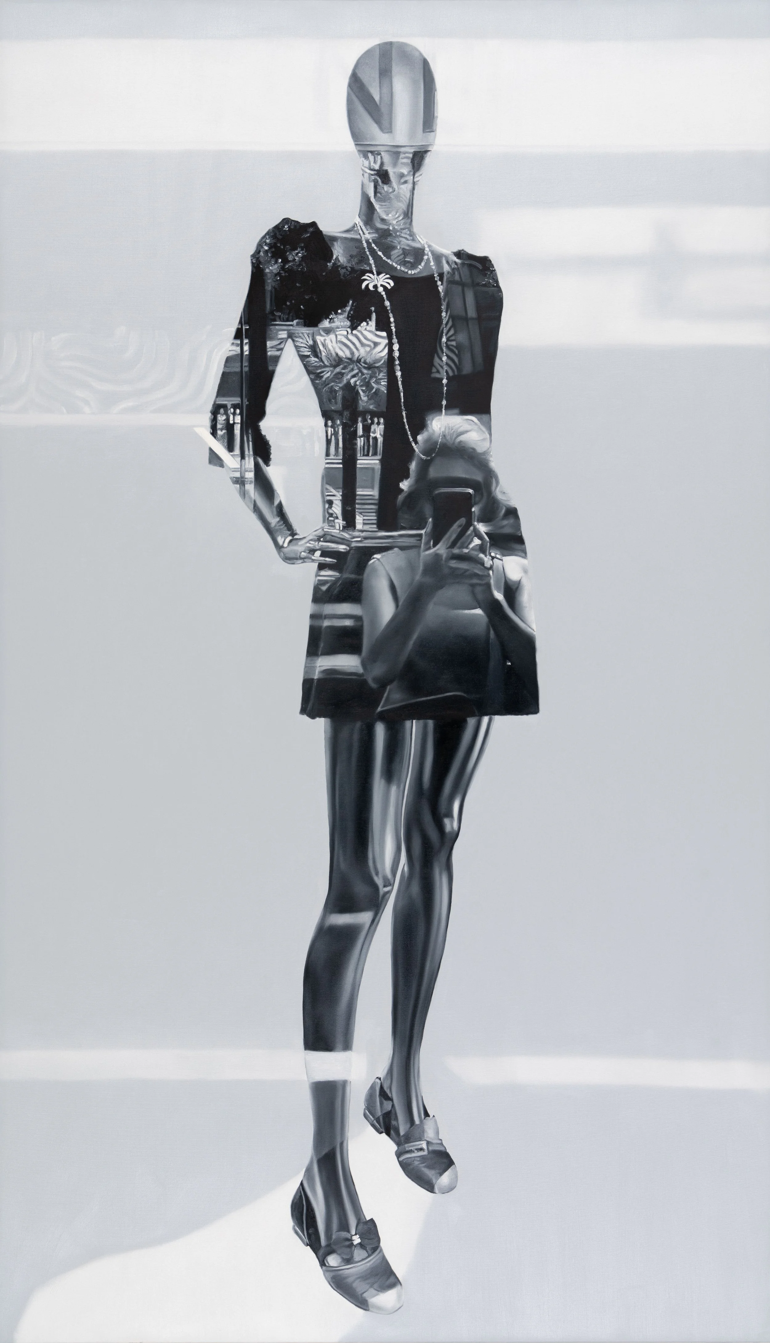 Allure by Marta Penter, an oil painting depicting a full-length female mannequin in a dark outfit against a softly reflected storefront background.