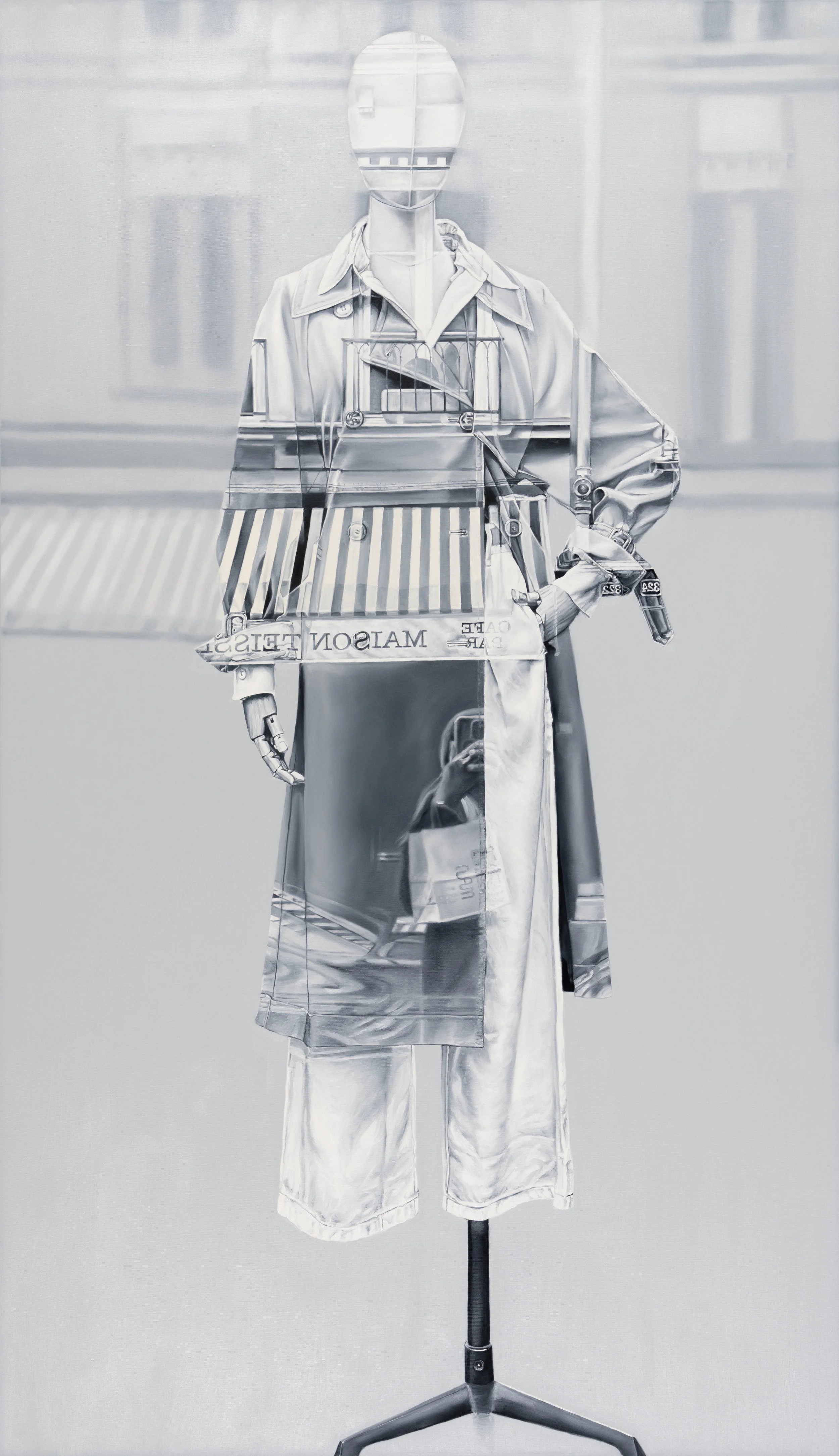 Maison by Marta Penter, an oil painting featuring a mannequin , seen through layered storefront reflections.