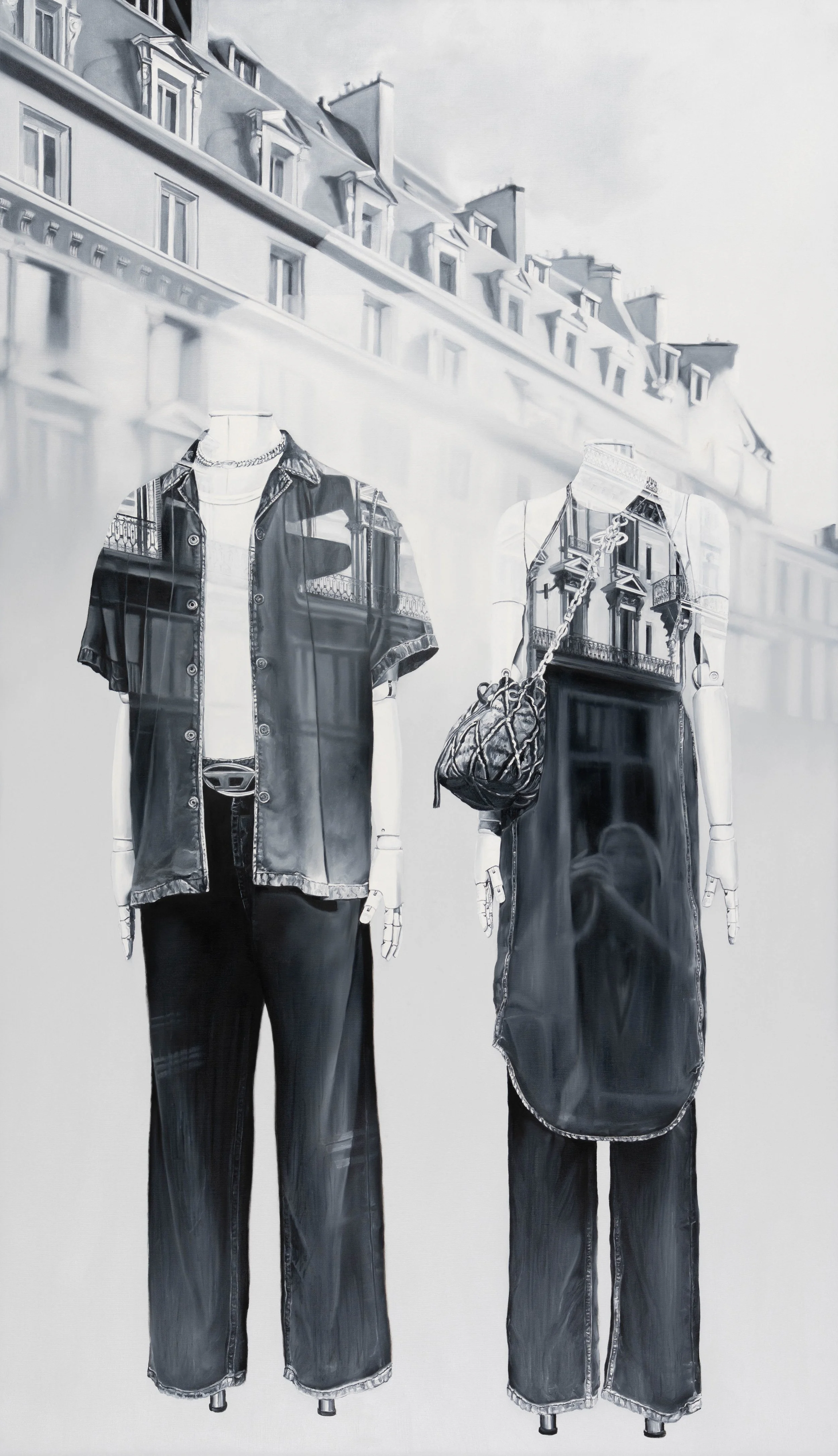 Encounter by Marta Penter, an oil painting of two dressed mannequins in a storefront window, surrounded by reflections of buildings and the street.
