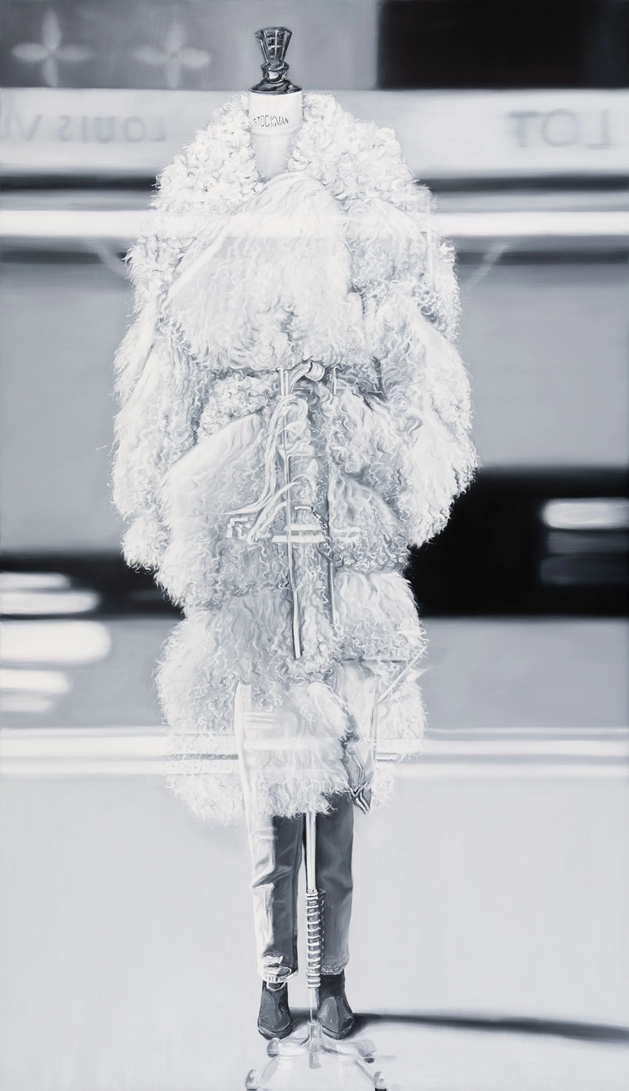 Embrace by Marta Penter, an oil painting of a mannequin in a textured white garment, seen against the horizontal lines of an urban storefront