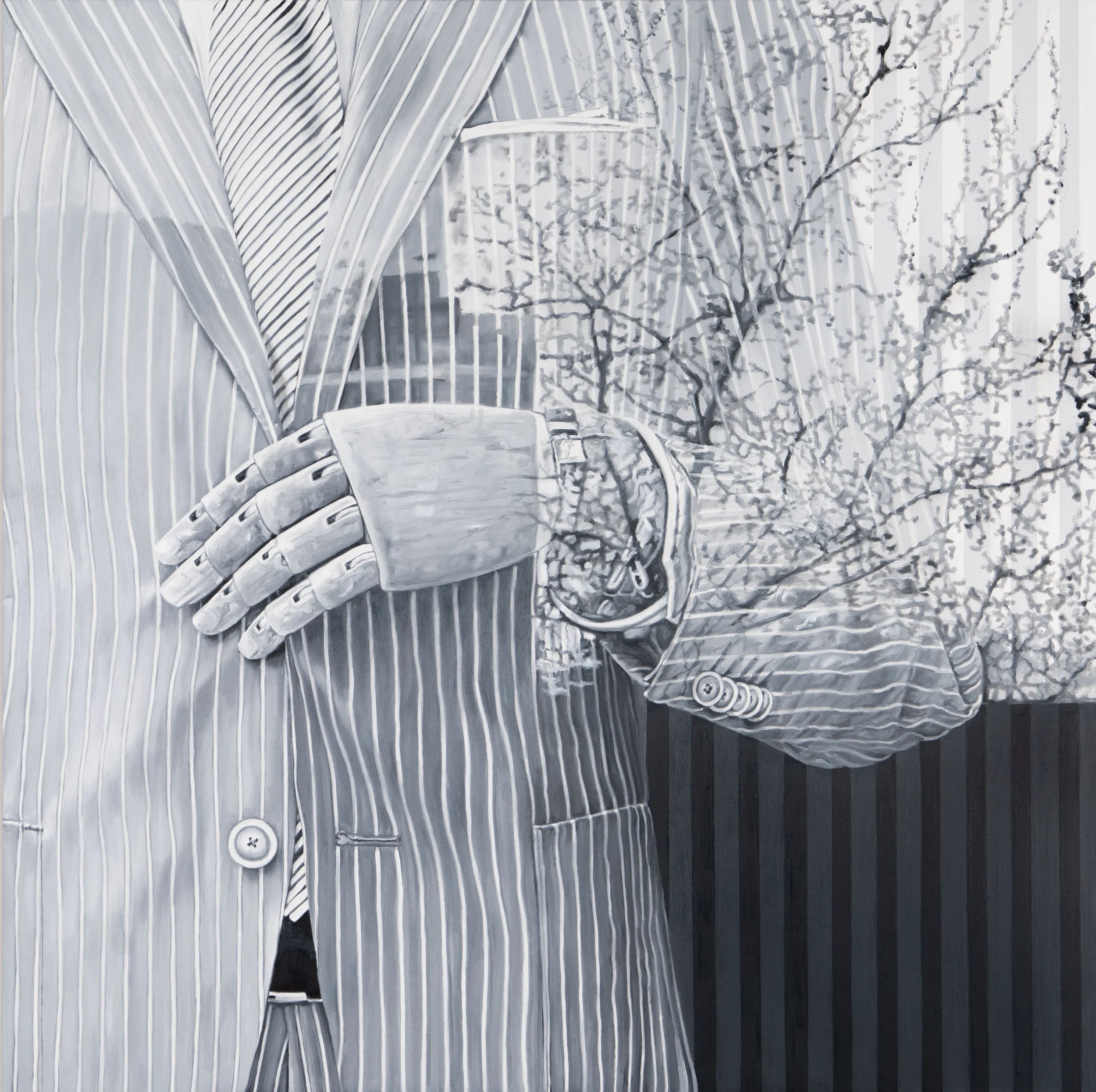 Gesture II by Marta Penter, an oil painting showing a close-up of a mannequin's hand resting on striped clothing, with reflected textures.