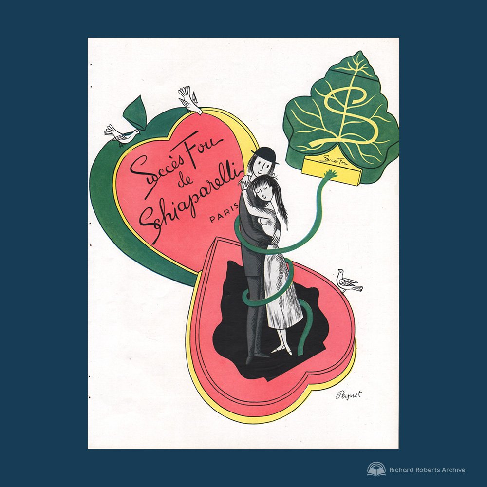 This 1954 advertisement for Succ&egrave;s Fou perfume from the famous Schiaparelli fashion house uses the arguably even more famous &quot;Lovers&quot; created by the cartoonist Raymond Peynet in 1942 and seen in print even today.

#history #richardro