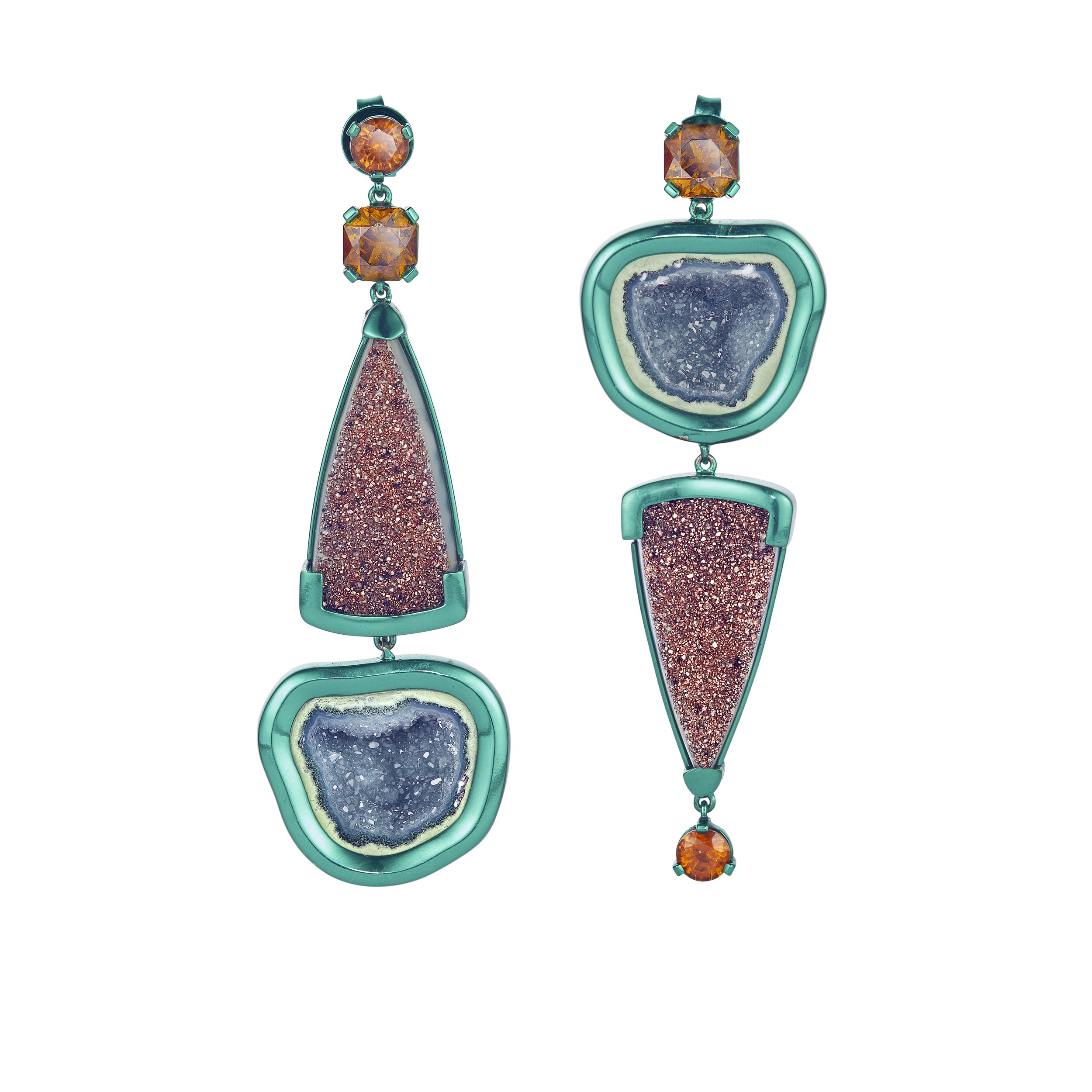 Chromanteq Geode, Garnets (Hessonite & Andradite) & Copper-plated Druzy 18W Earrings, green nano ceramic (front view).jpg