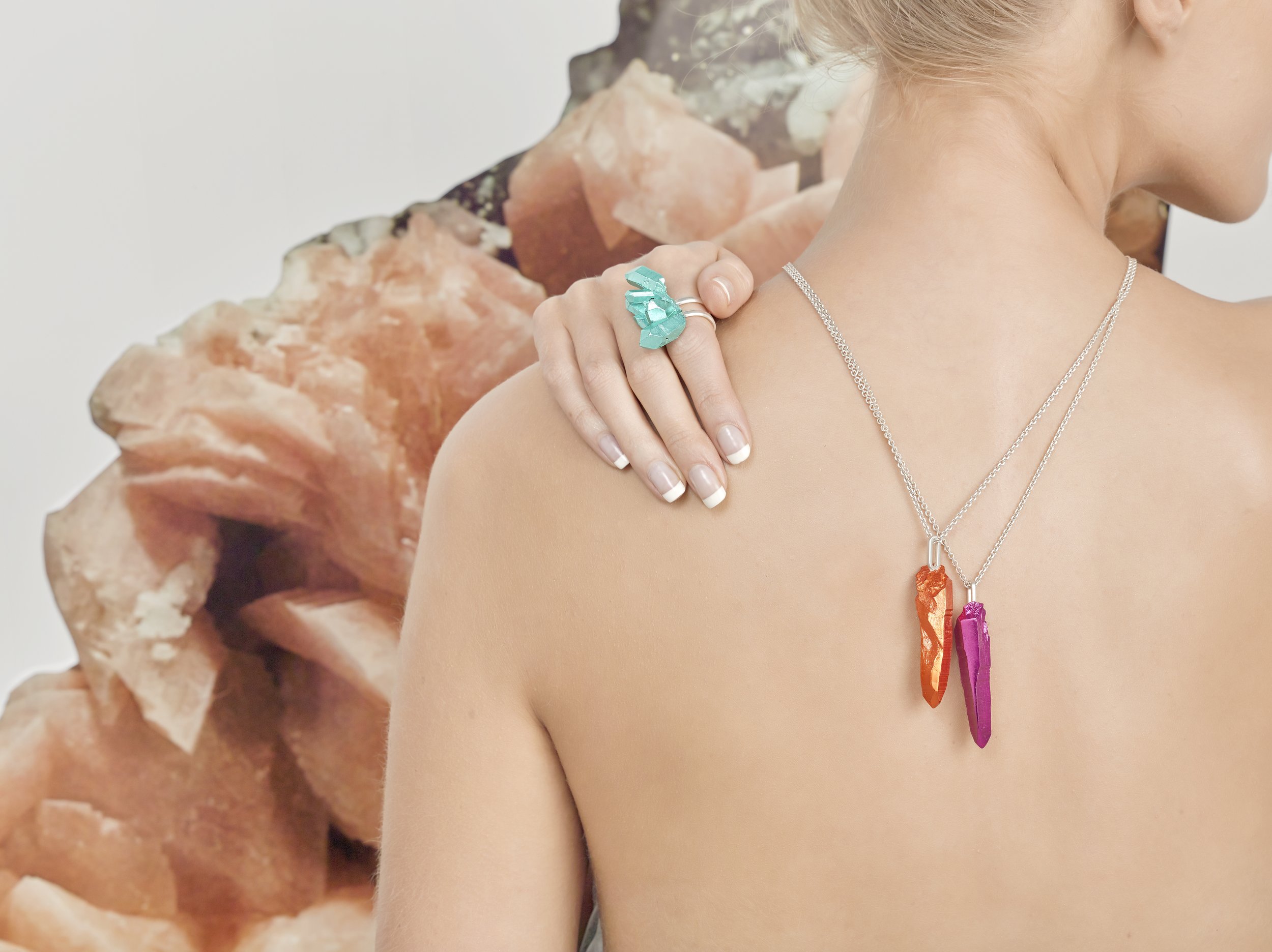 HotRocks Trigonal Large Cluster Ring in Turquoise and Pendants in Orange and Pink copy.jpg