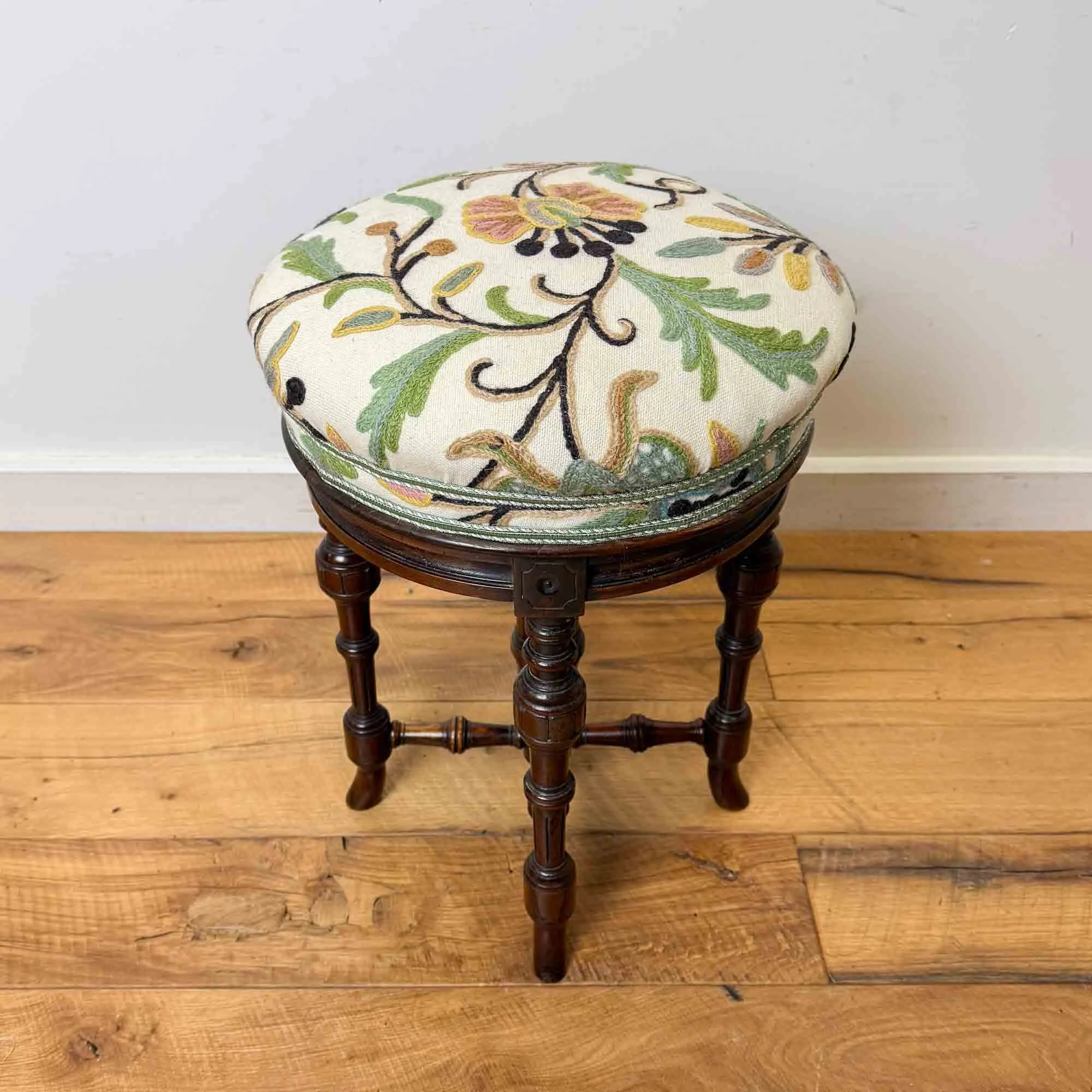 antique rosewood revolving piano stool crewel upholstery