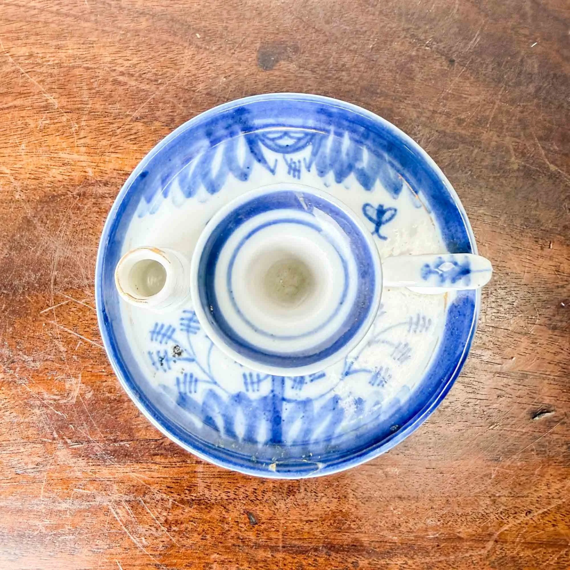 antique blue and white pottery chamber stick