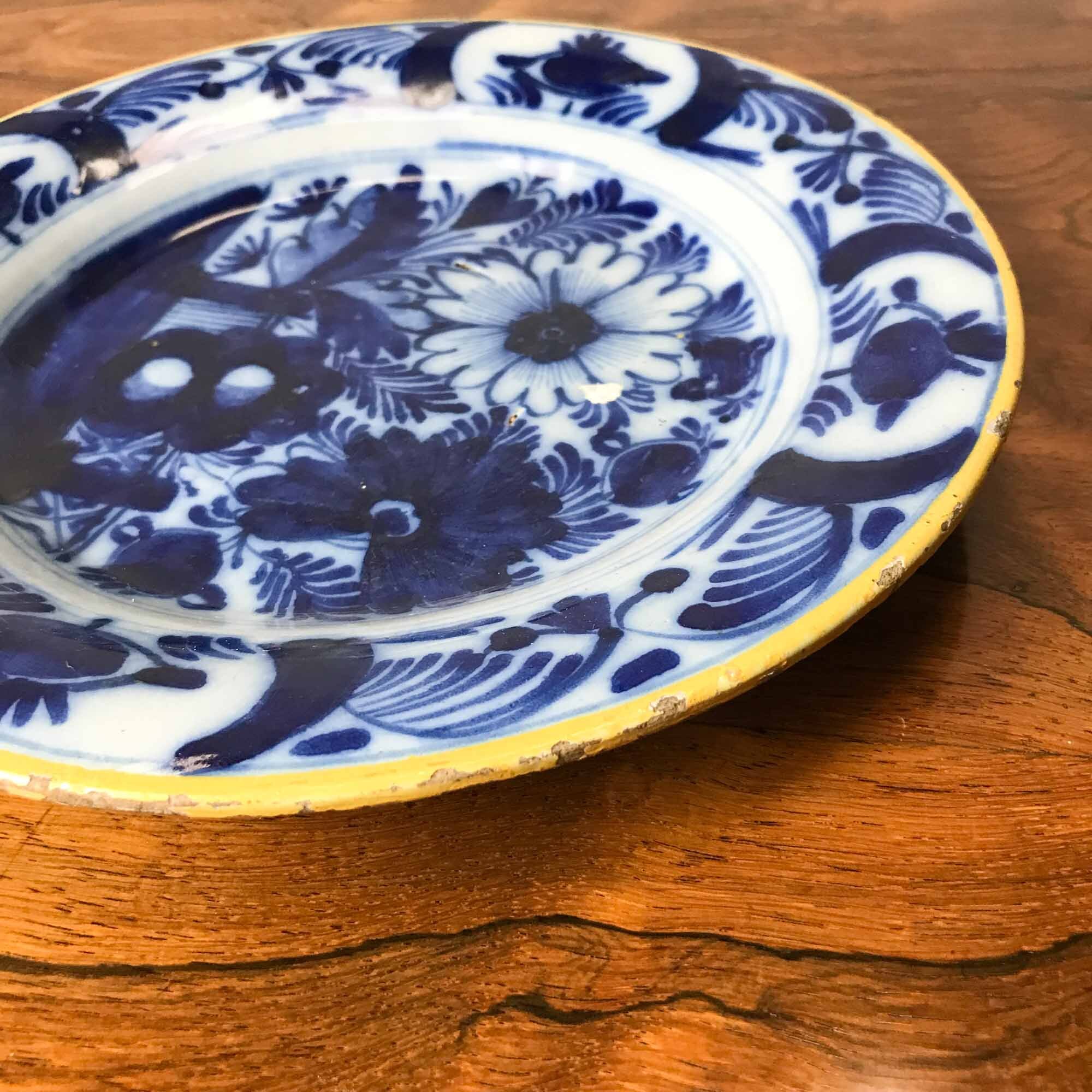 blue and white Dutch Delft Plate yellow rim