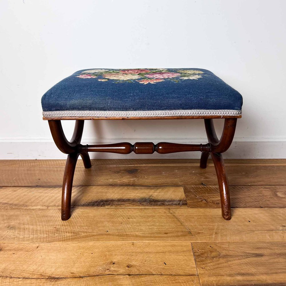 Antique x-frame stool with stuffed over needlepoint seat — Antique and  Unique