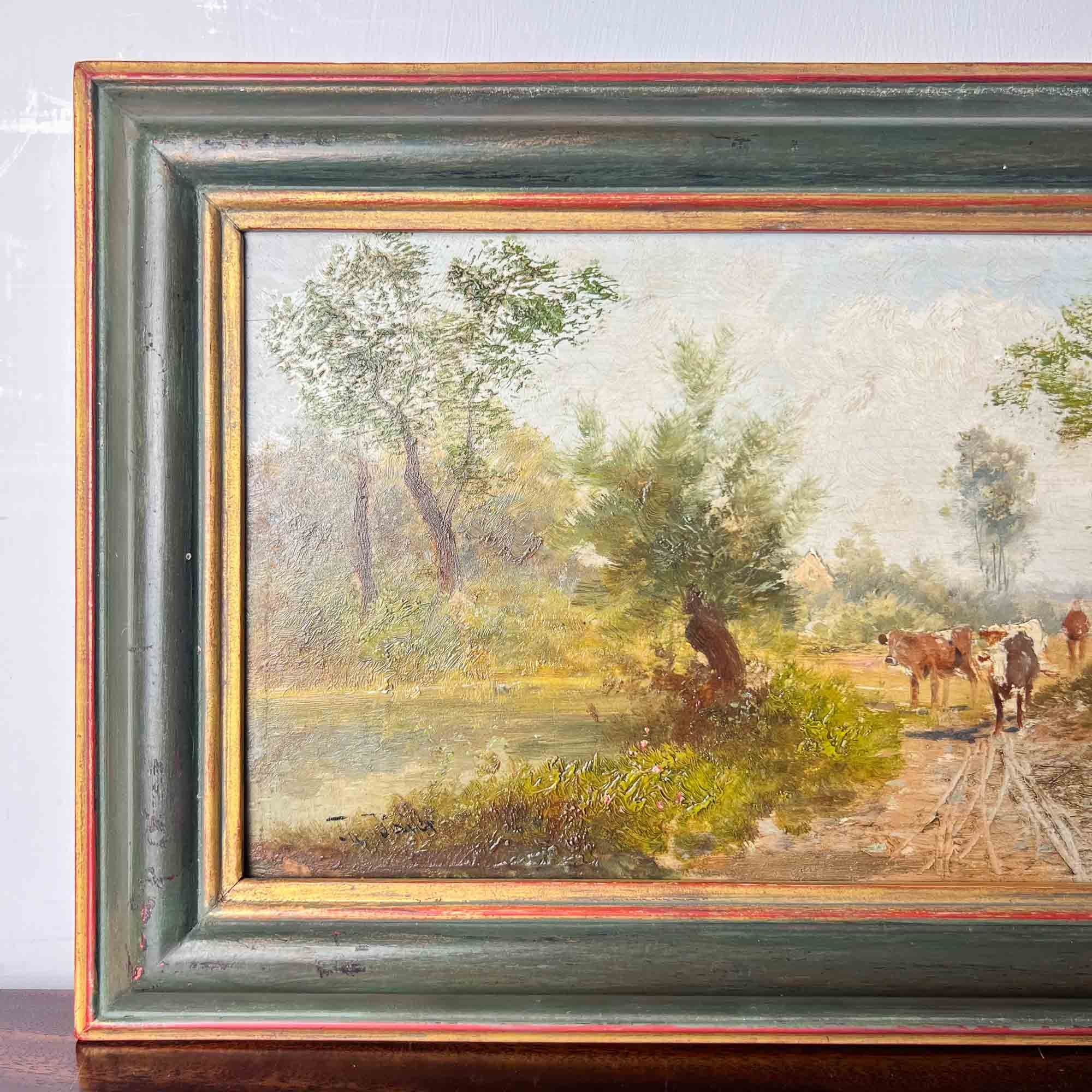 herding cattle vintage oil painting