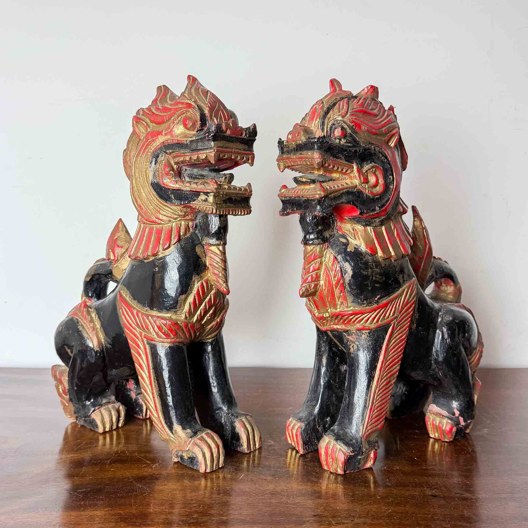 Pair of Vintage Carved Wooden Polychrome Temple Lions