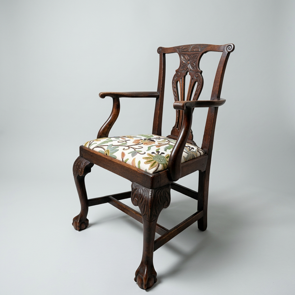 Antique Oak Carved Chair With Crewel Work Seat