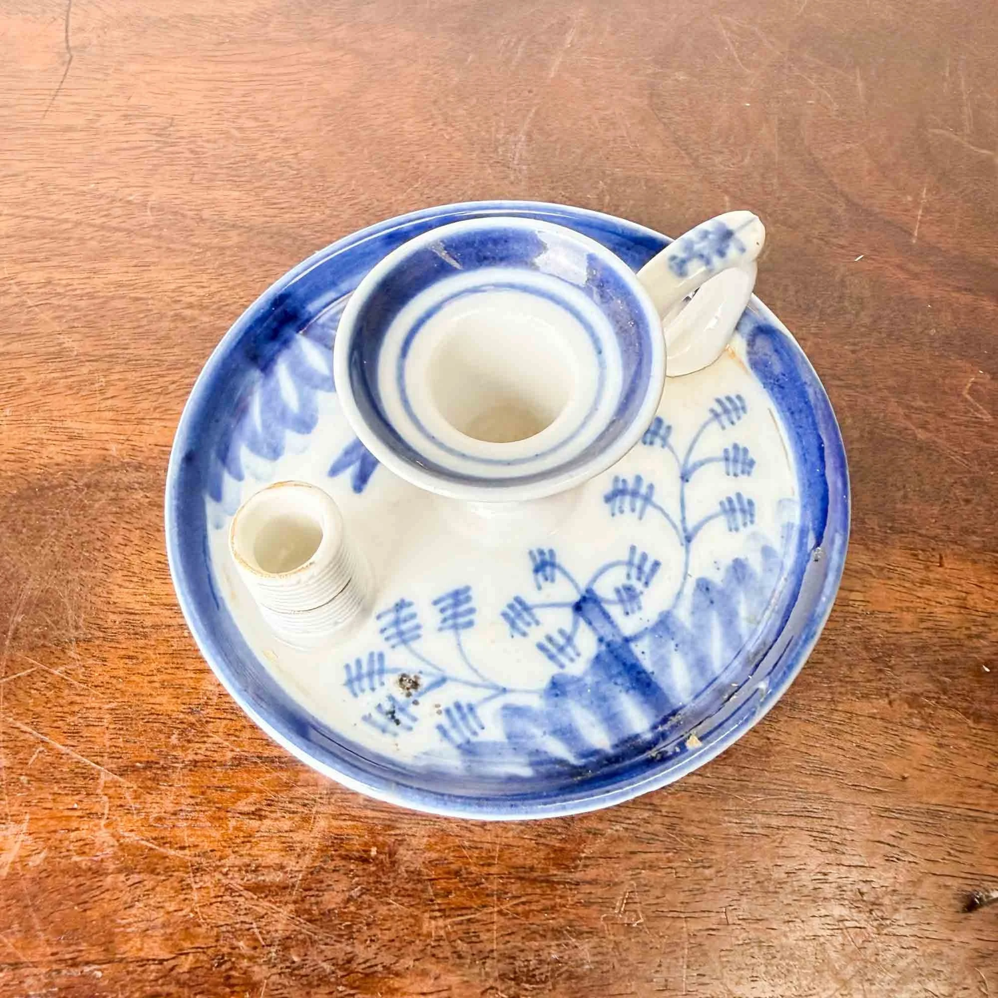 antique blue and white wee willie winkie chamber stick