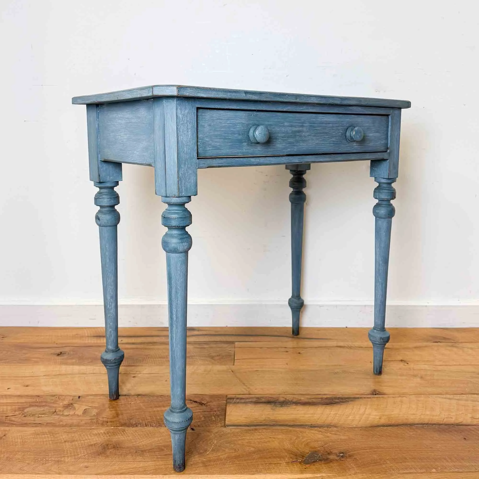 blue painted side table distressed finish