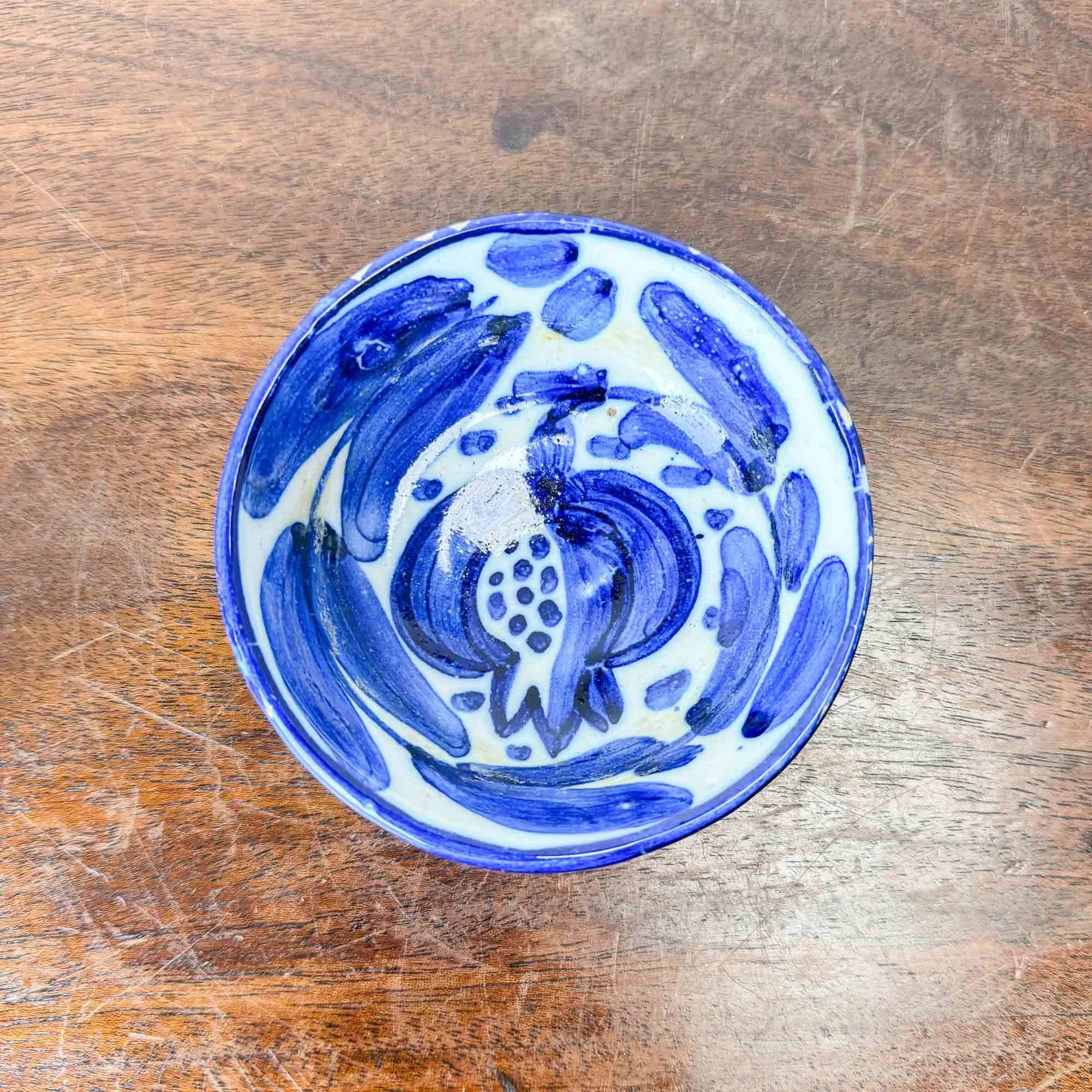 vintage blue and white trinket bowl pomegranate motif