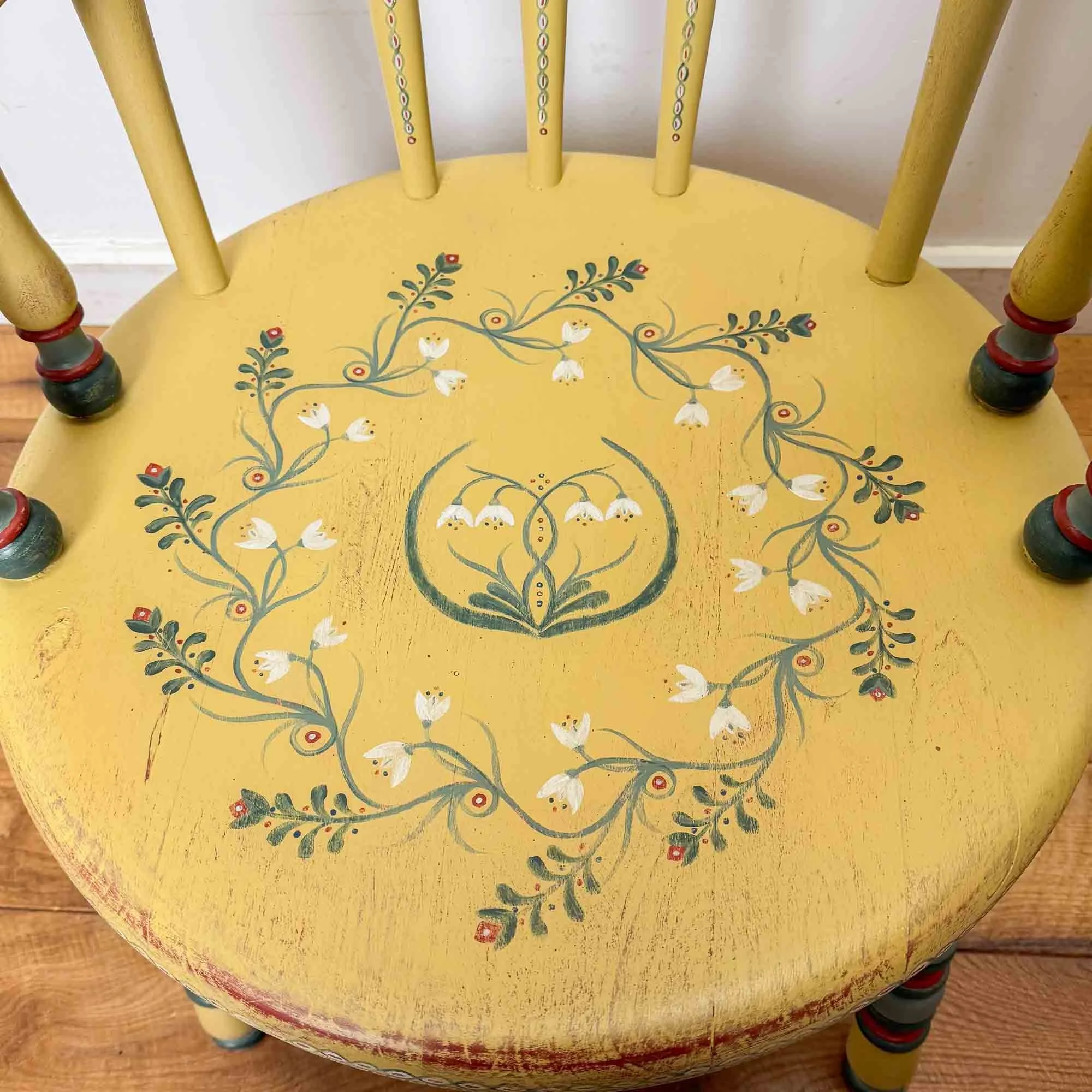 yellow folk art floral painted chair