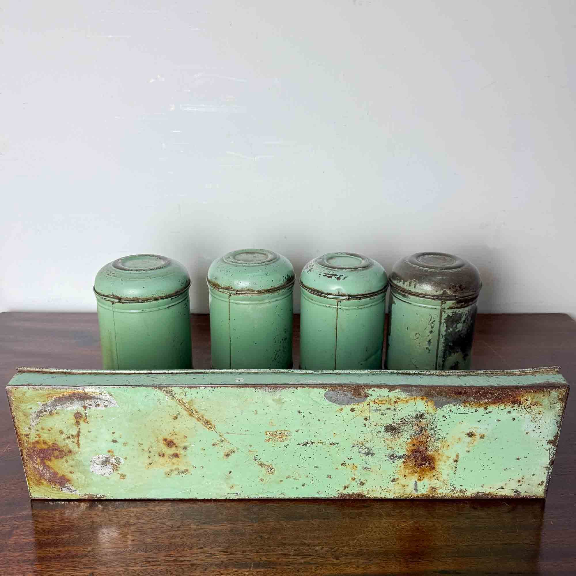 Vintage Enamel Kitchen Storage Jars and Rack