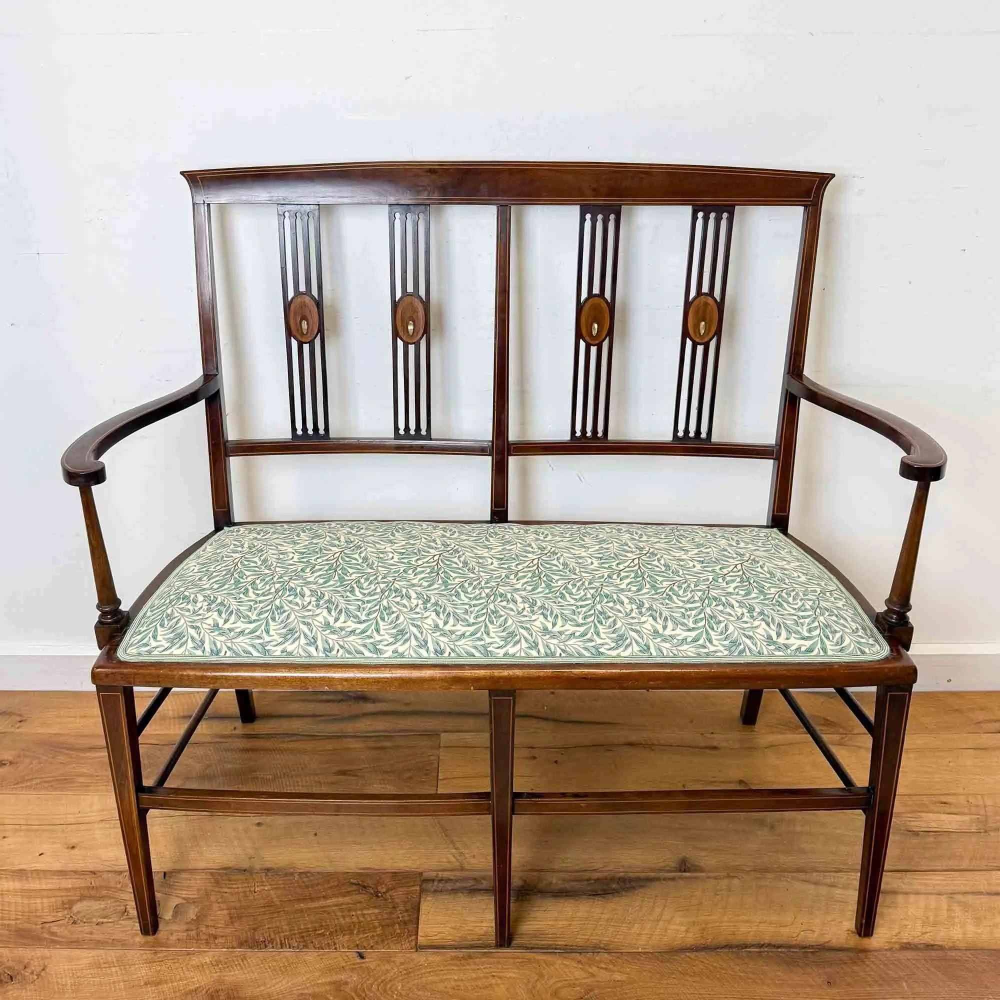 edwardian inlaid mahogany settee with william morris willow bough seat