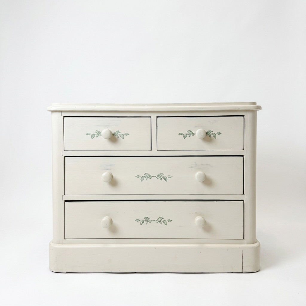 Vintage Painted Pine Chest of Drawers with Leaf Decoration