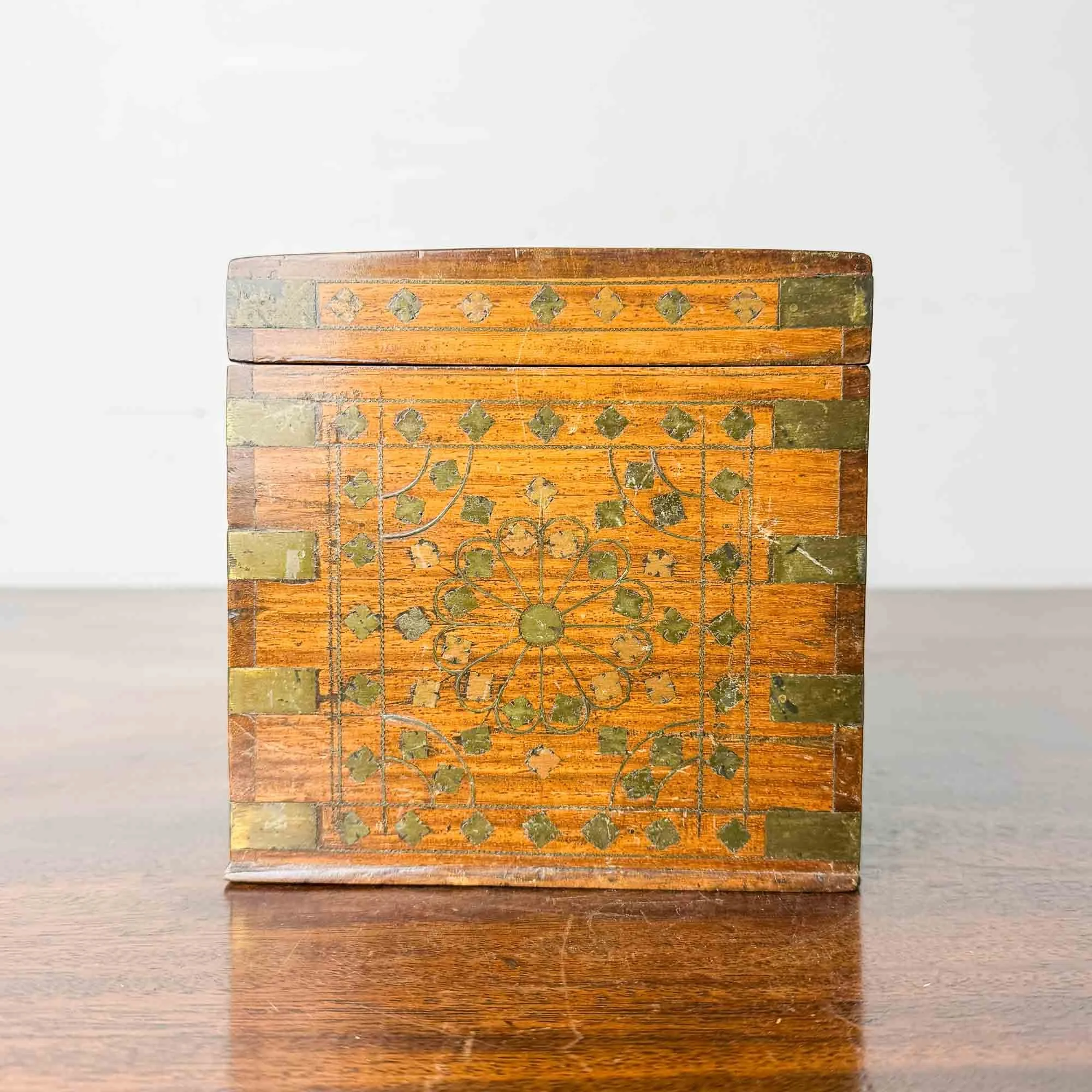Antique Indian Hardwood Box with Brass Marquetry Inlay