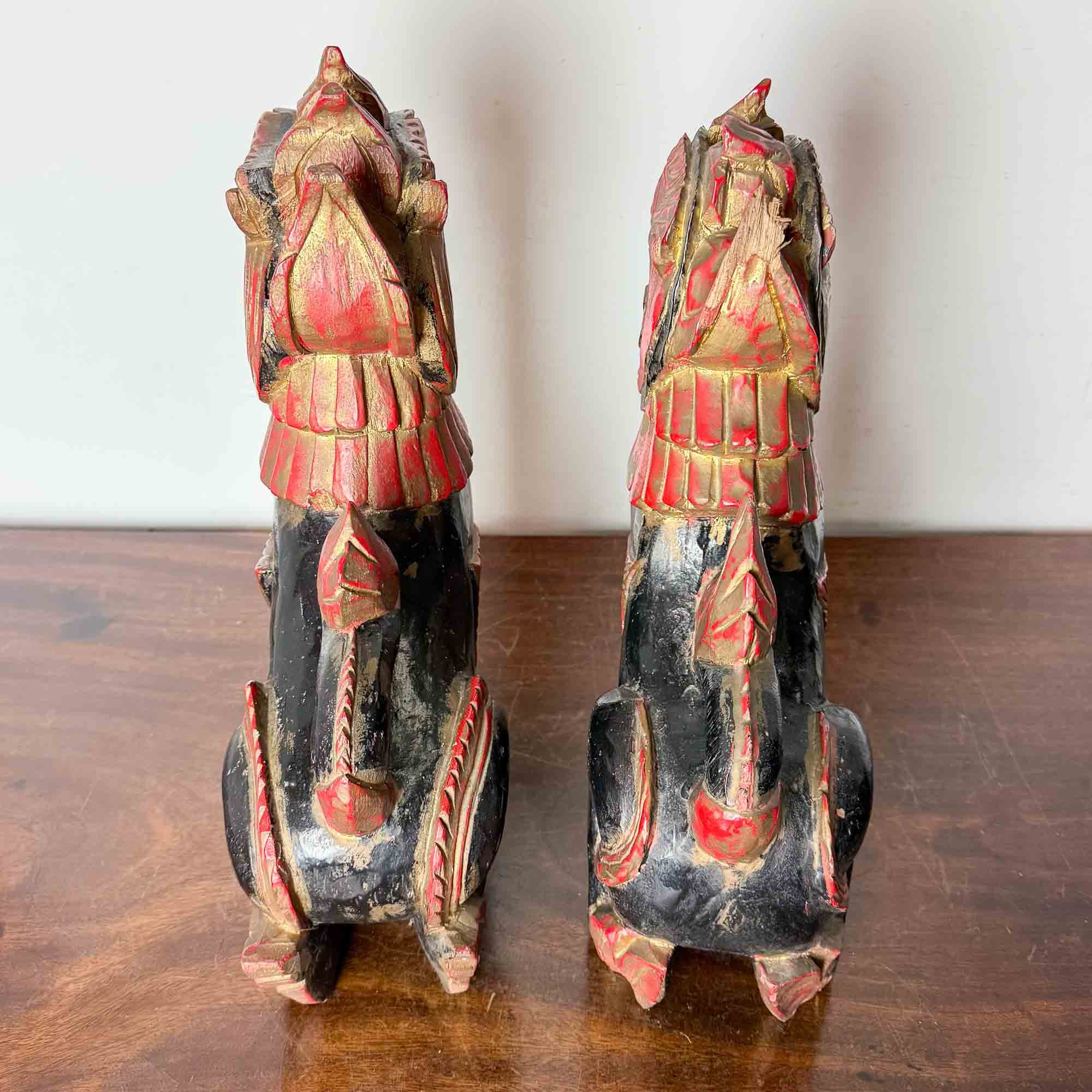 Pair of Vintage Carved Wooden Polychrome Foo Dogs