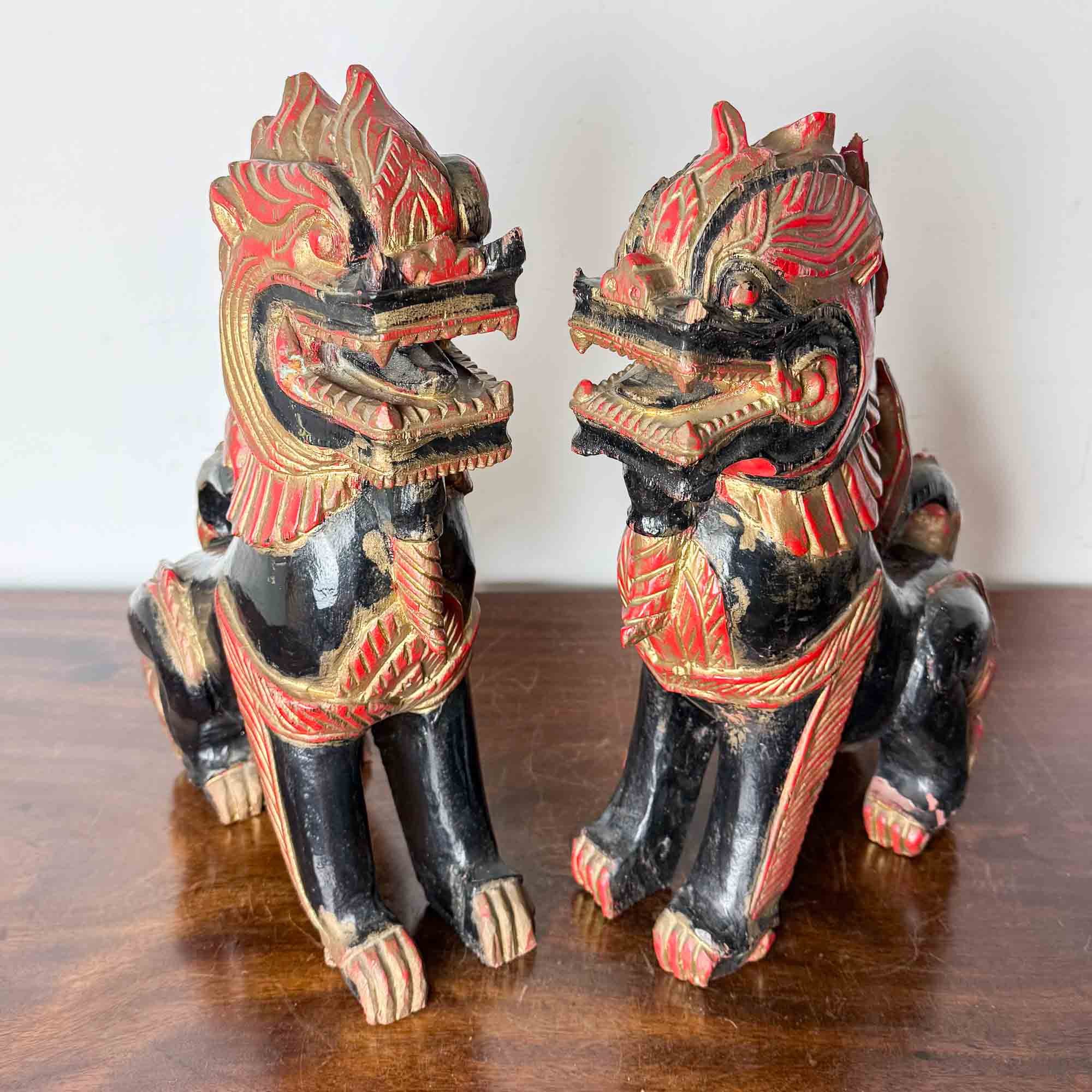 Carved Wooden temple lions