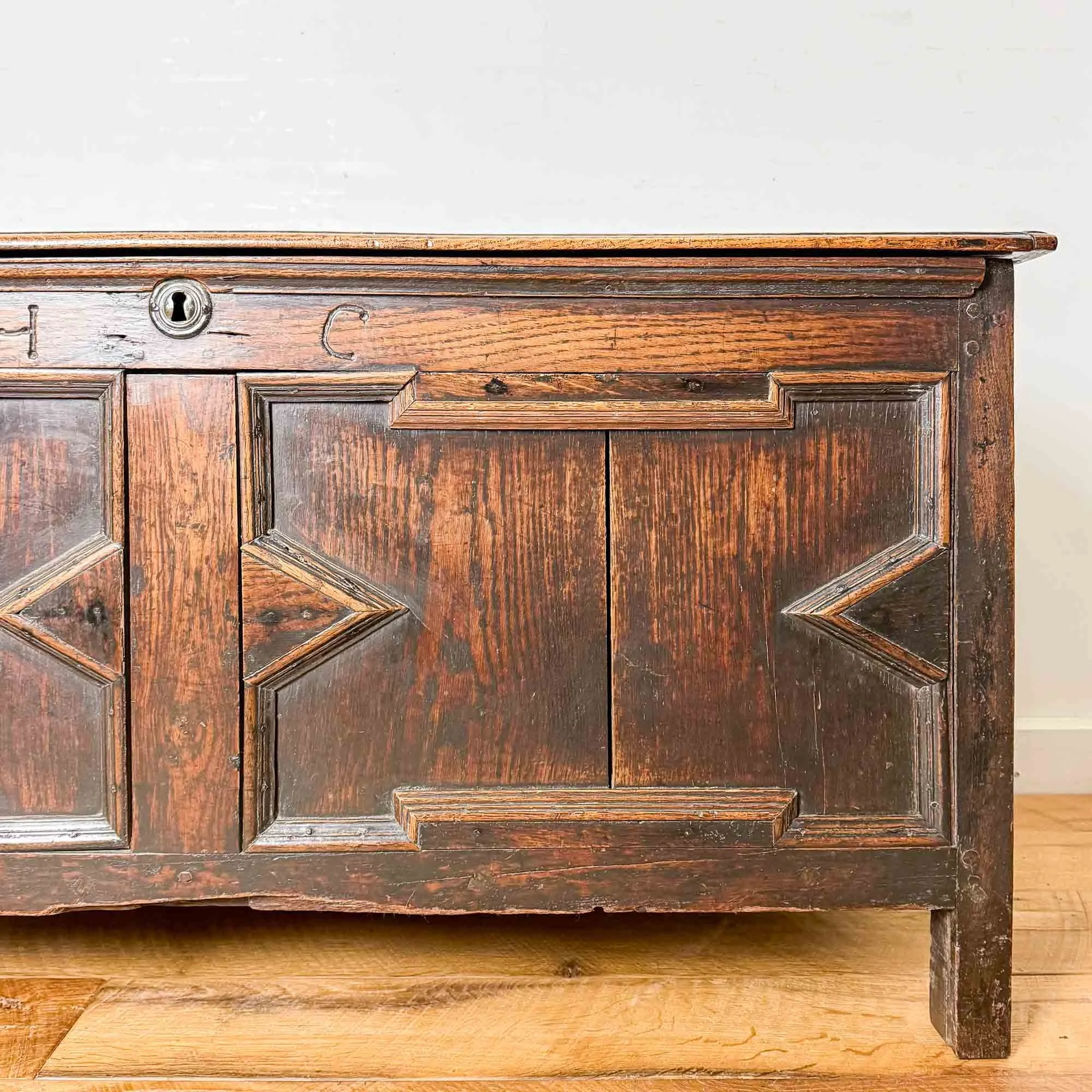 geometric panelled antique oak blanket box