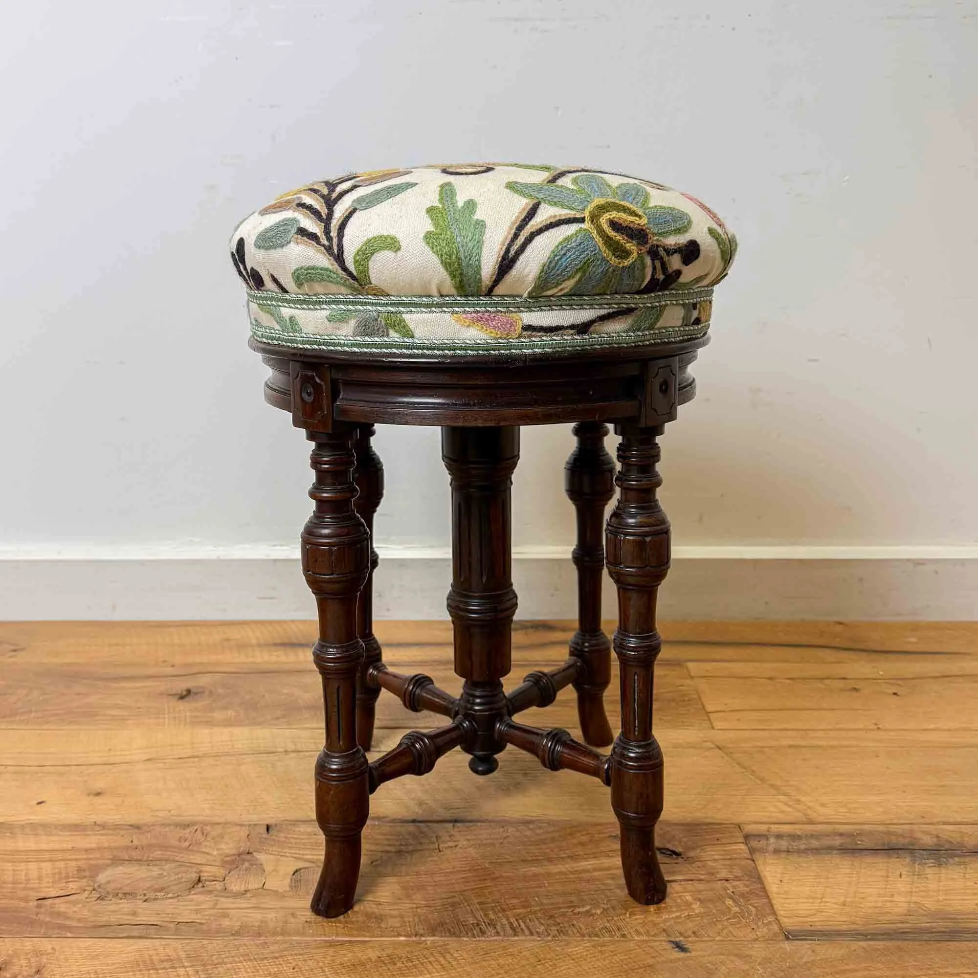 aesthetic movement rosewood revolving piano stool crewel upholstery