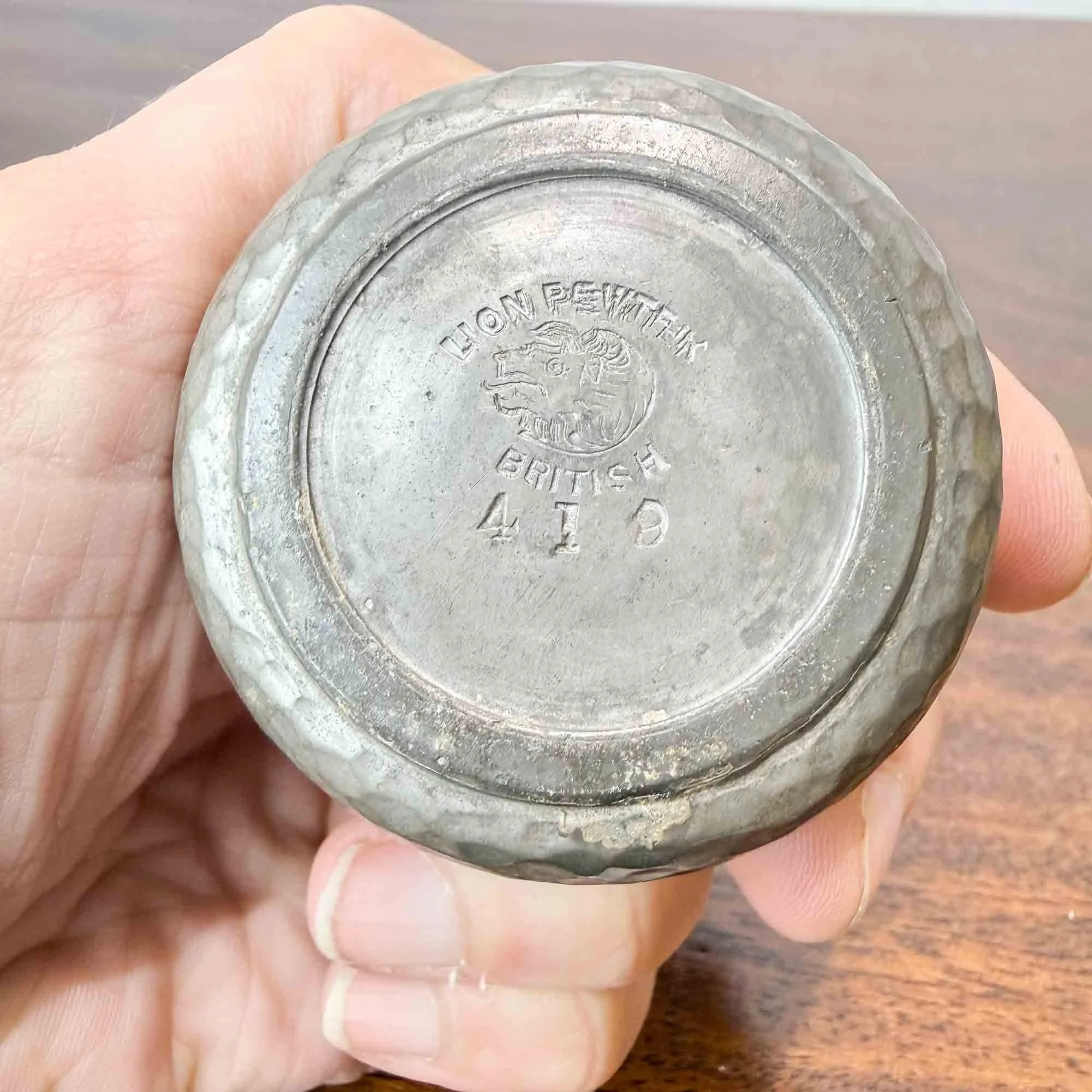 Lion hammered pewter salt with bristol blue glass liner-4.jpg
