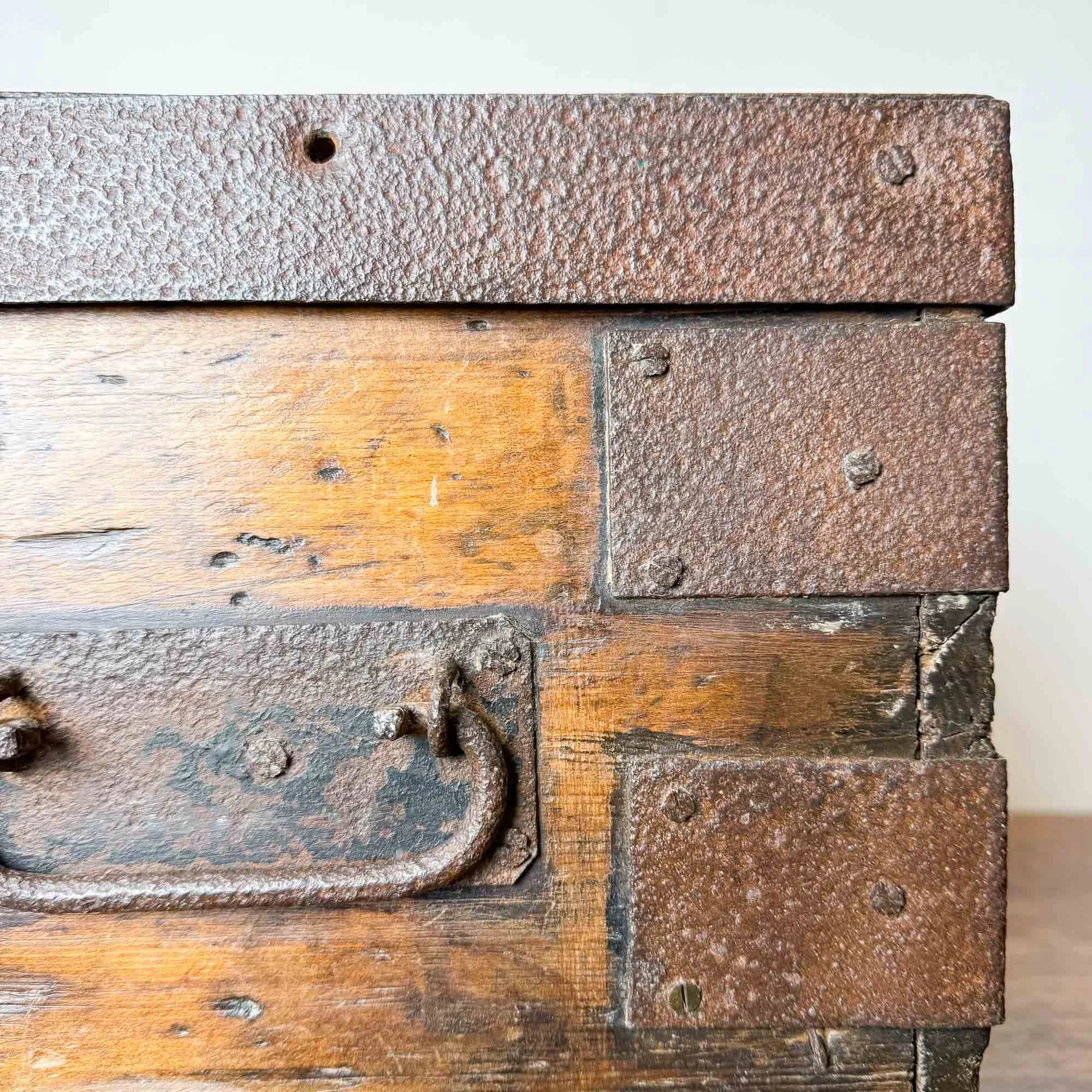 antique elm and pine iron bound strongbox