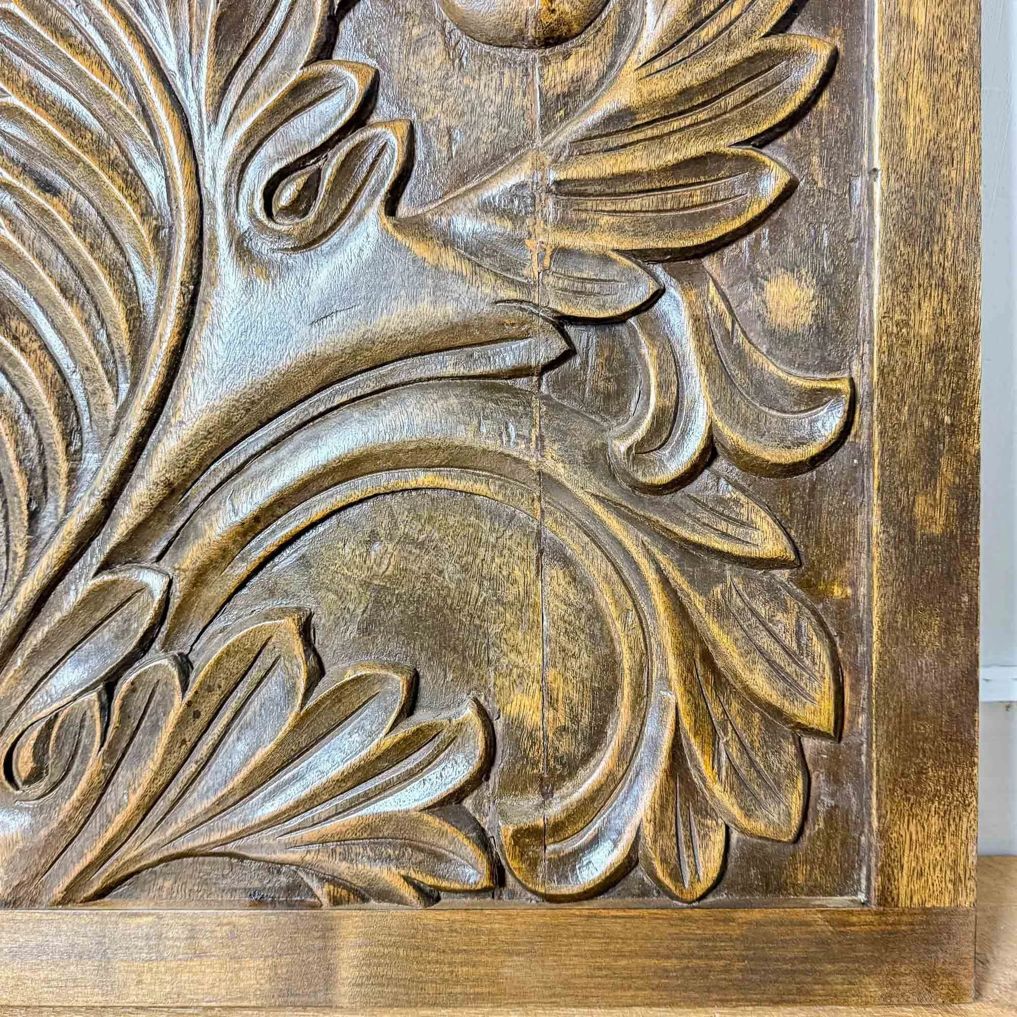 antique carved wooden panel headboard
