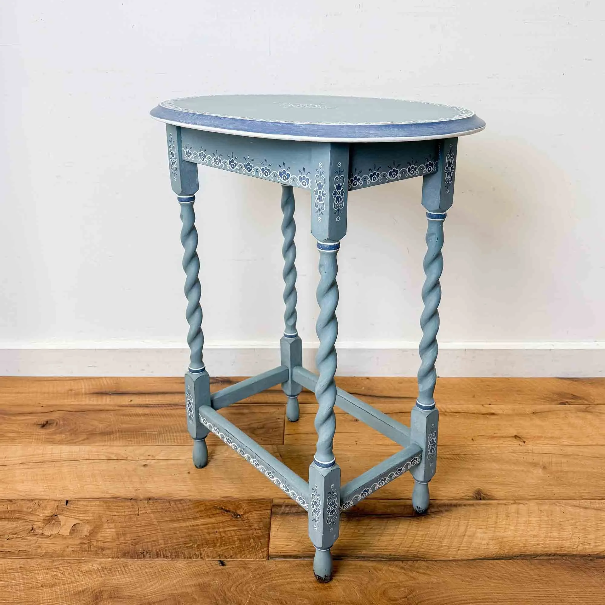 blue painted oval barley twist table