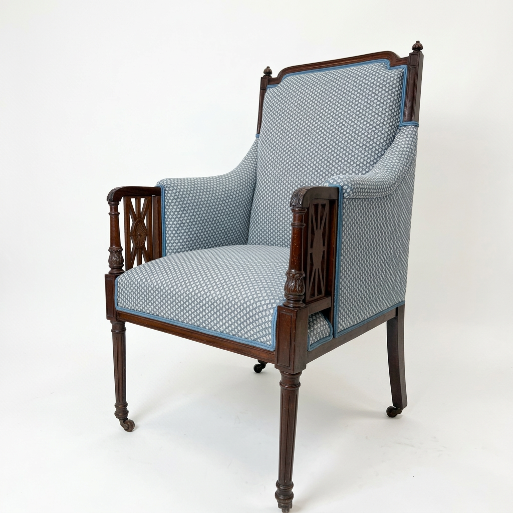 antique mahogany framed armchair with blue upholstery