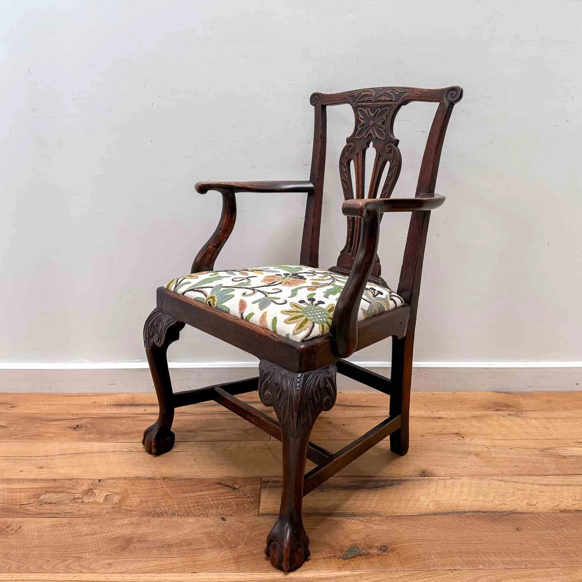 Antique Oak Carved Chair With Crewel Work Seat