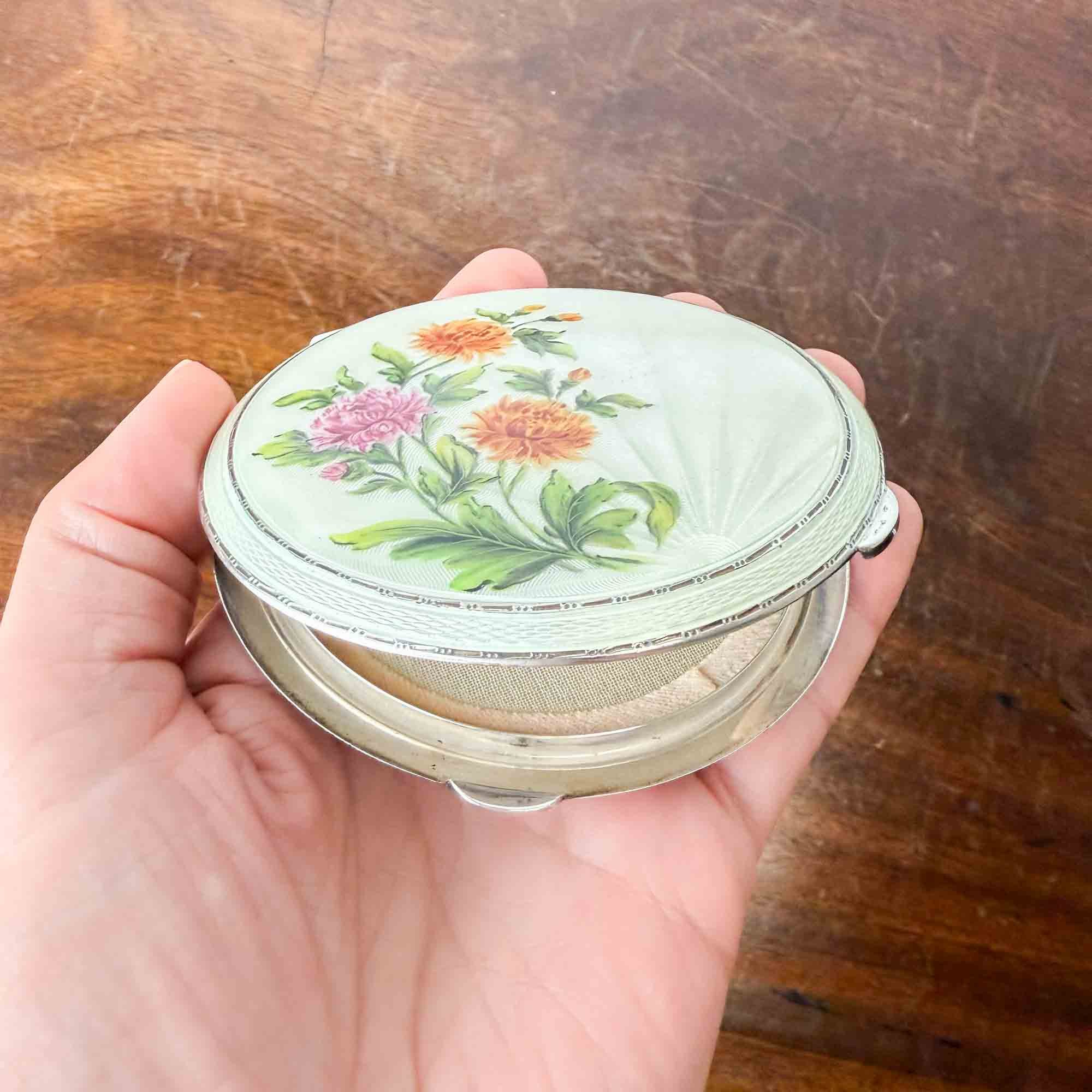 Silver Enamel Floral Powder Compact By Henry Clifford Davis