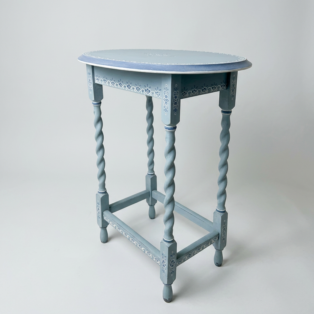 Vintage Oval Barley Twist Table with Blue & White Painted Finish