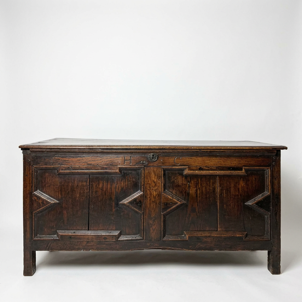 geometric panelled antique oak coffer