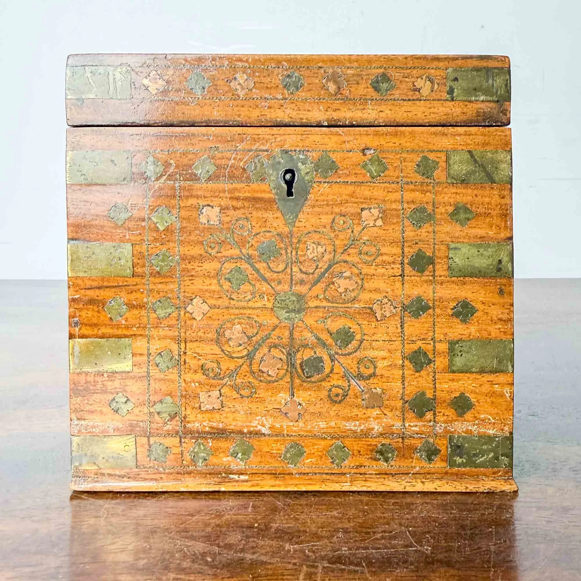 Antique Indian Hardwood Box with Brass Inlay