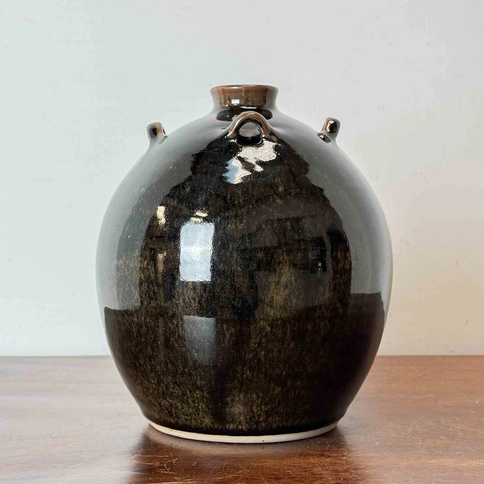 black studio pottery lugged bottle tenmoku glaze