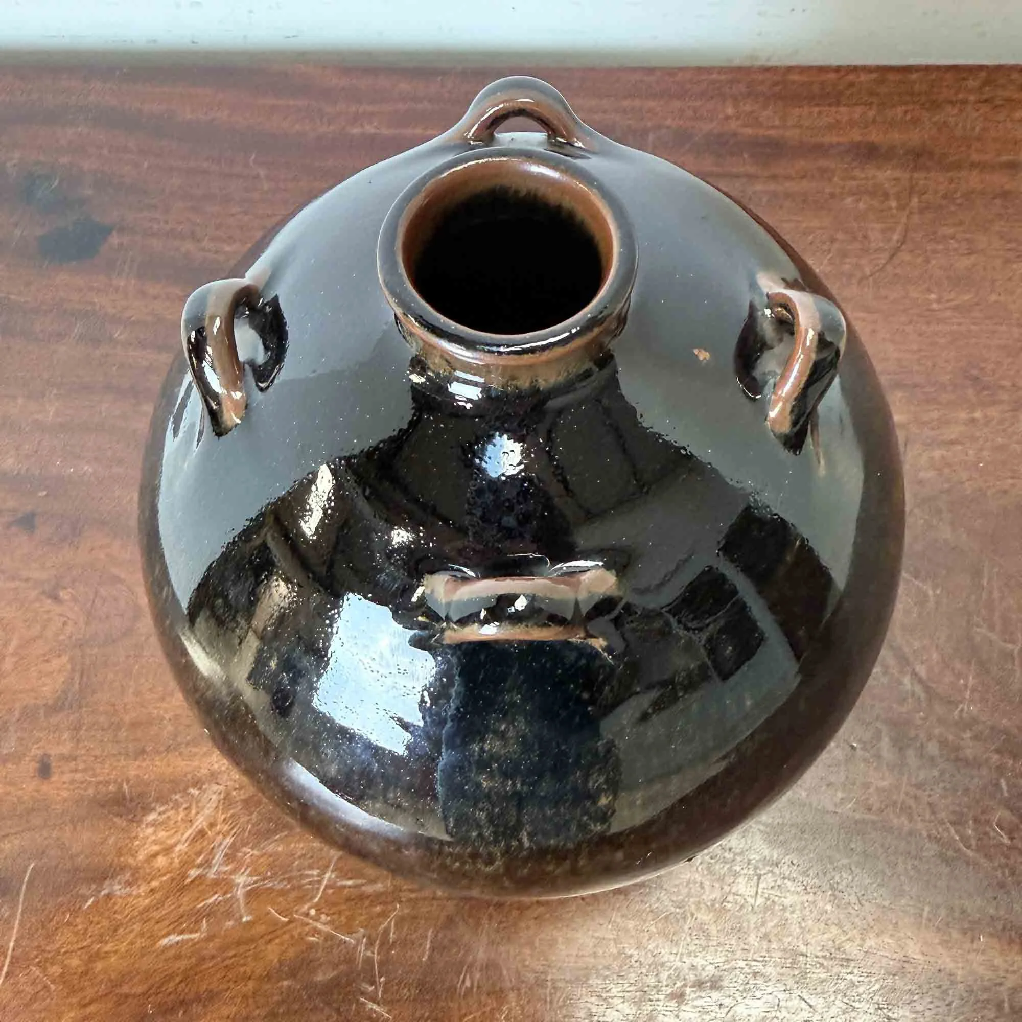black studio pottery lugged pot tenmoku glaze