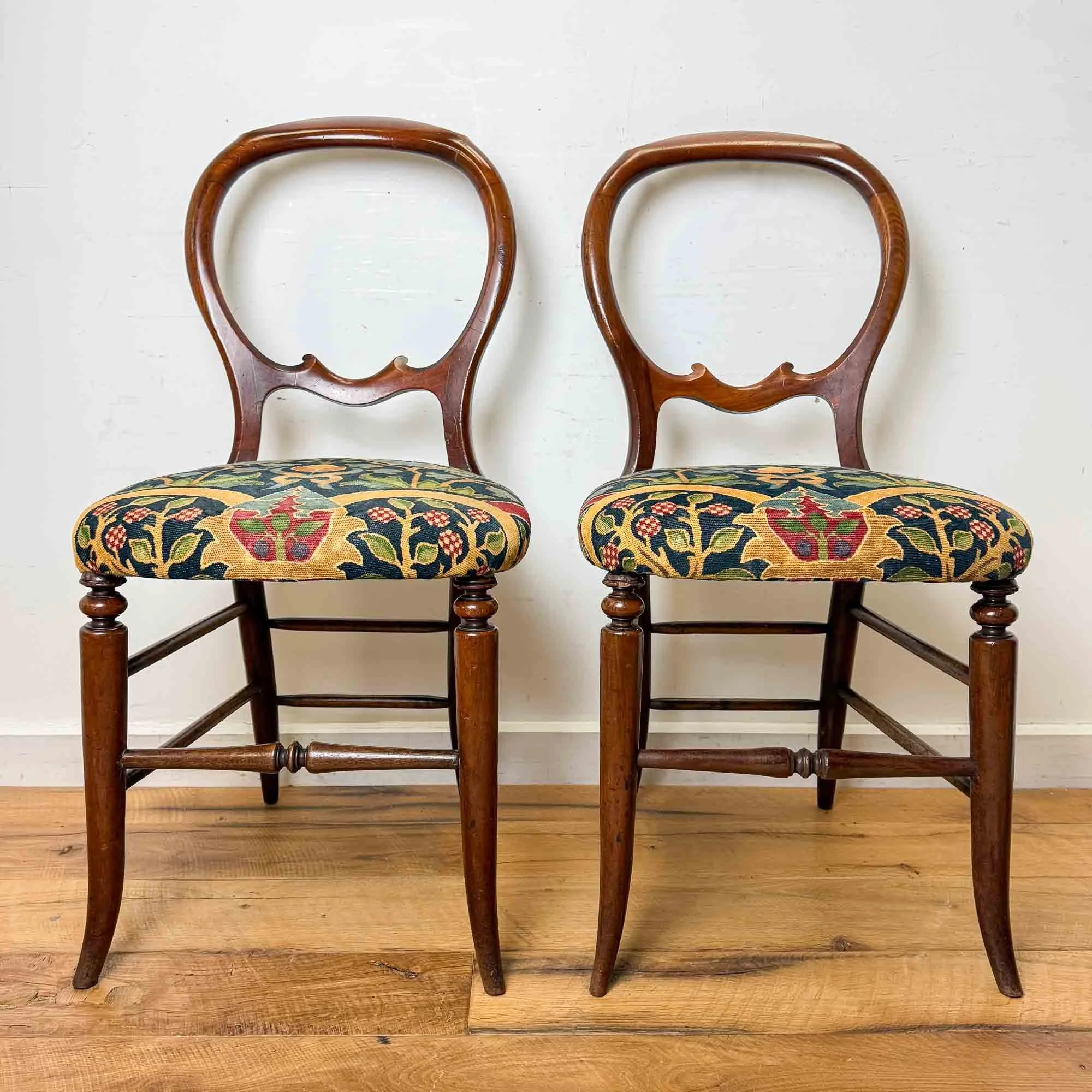 pair of victorian balloon back chairs william morris upholstered seats